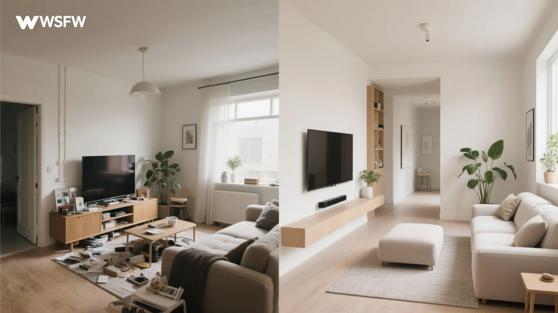 Before: cluttered console and cramped flow; After: floating sofa, clear corridor, and clean TV wall.