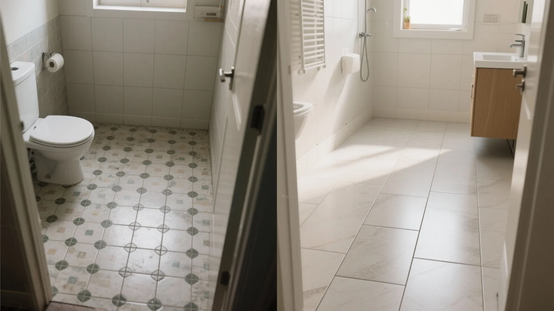 Before and after comparison of old patterned bathroom floor tiles versus new large white marble tiles