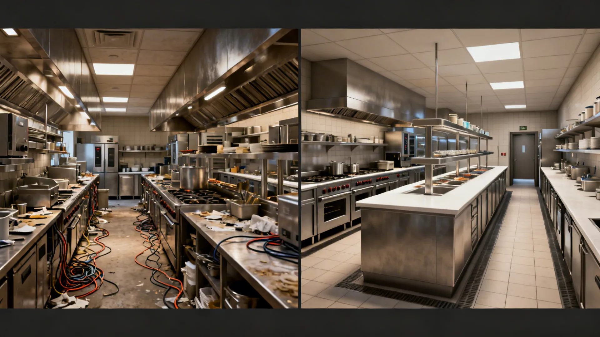 Before and after comparison showing a messy commercial kitchen versus a clean and organized kitchen space
