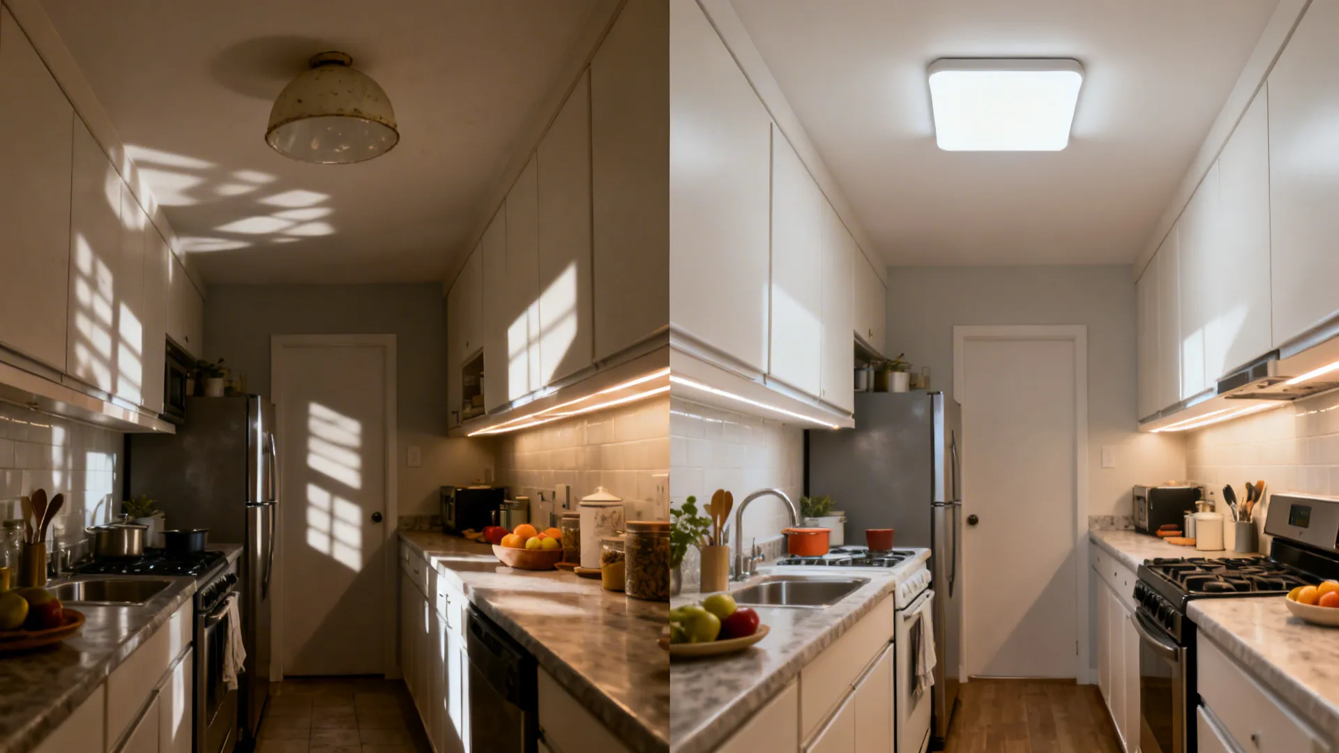 Before-and-after of a small galley kitchen showing upgraded flush mount lighting and even illumination.