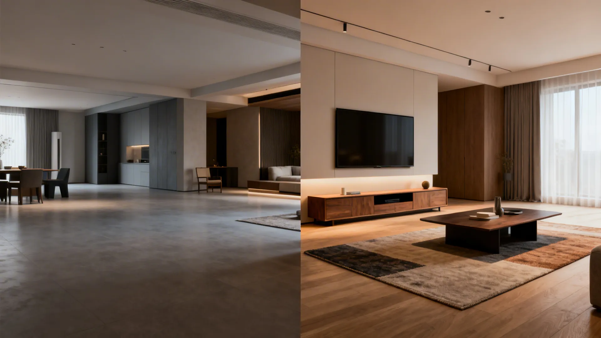 Before-and-after comparison showing furniture repositioning to create a focal media wall and clear seating arrangement.
