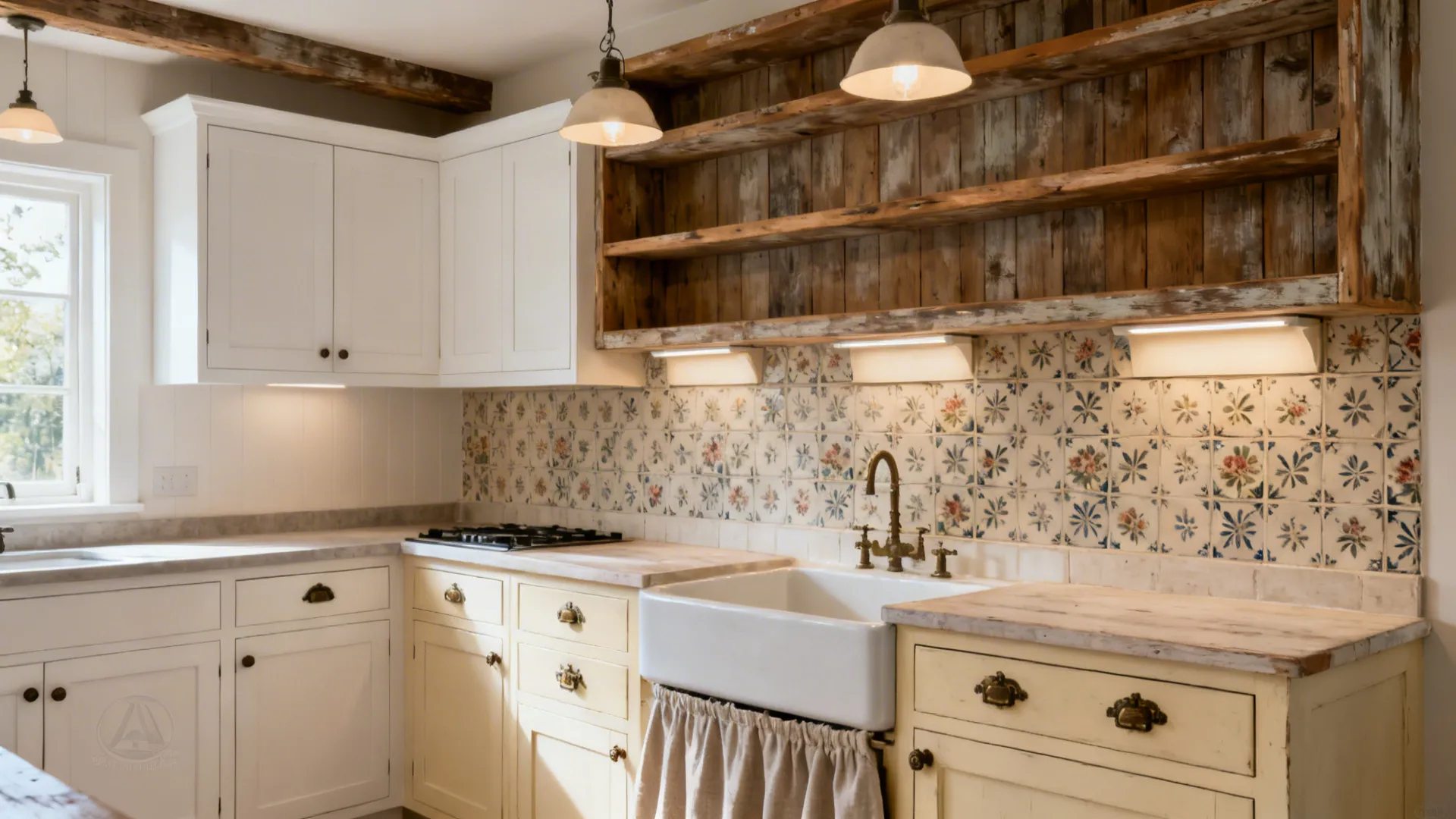 Before-and-after view showing a plain small kitchen transformed into a French country space with wood, stone, and warm lighting.