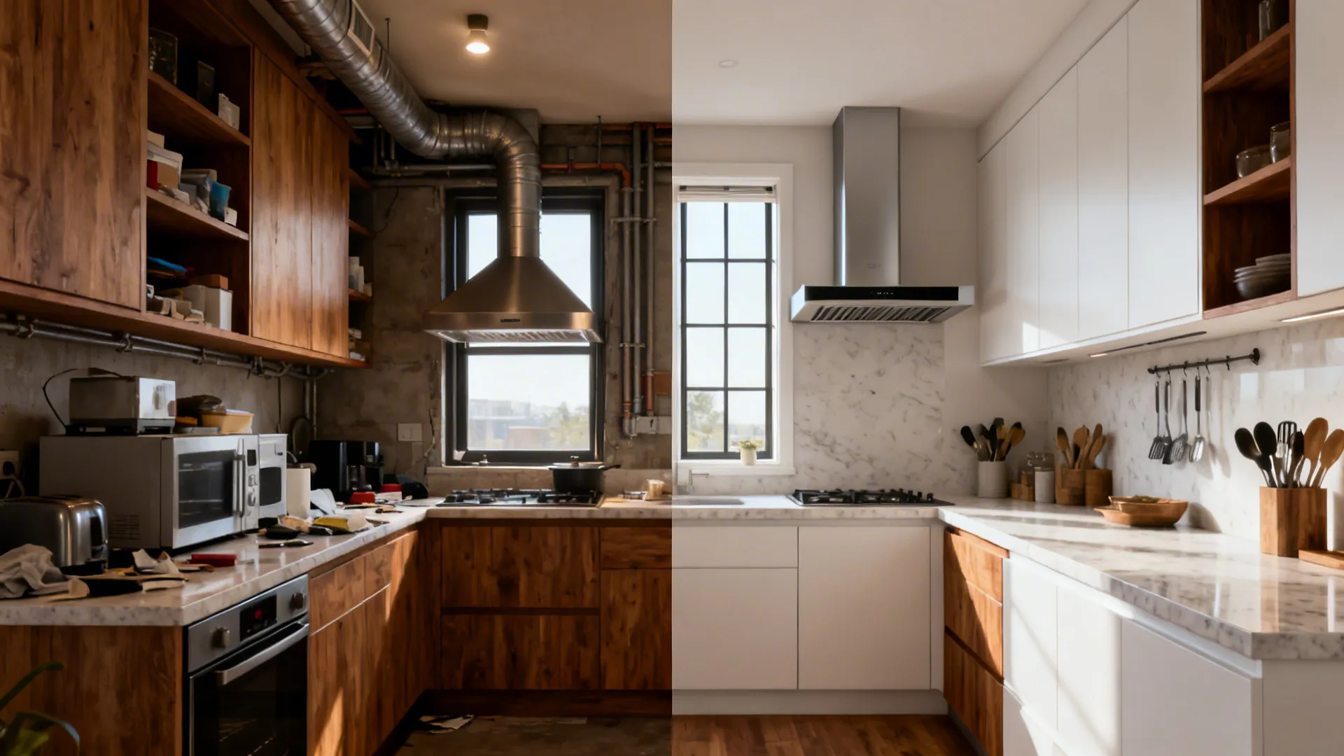 Before-and-after of a galley kitchen showing improved chimney placement and brighter window.