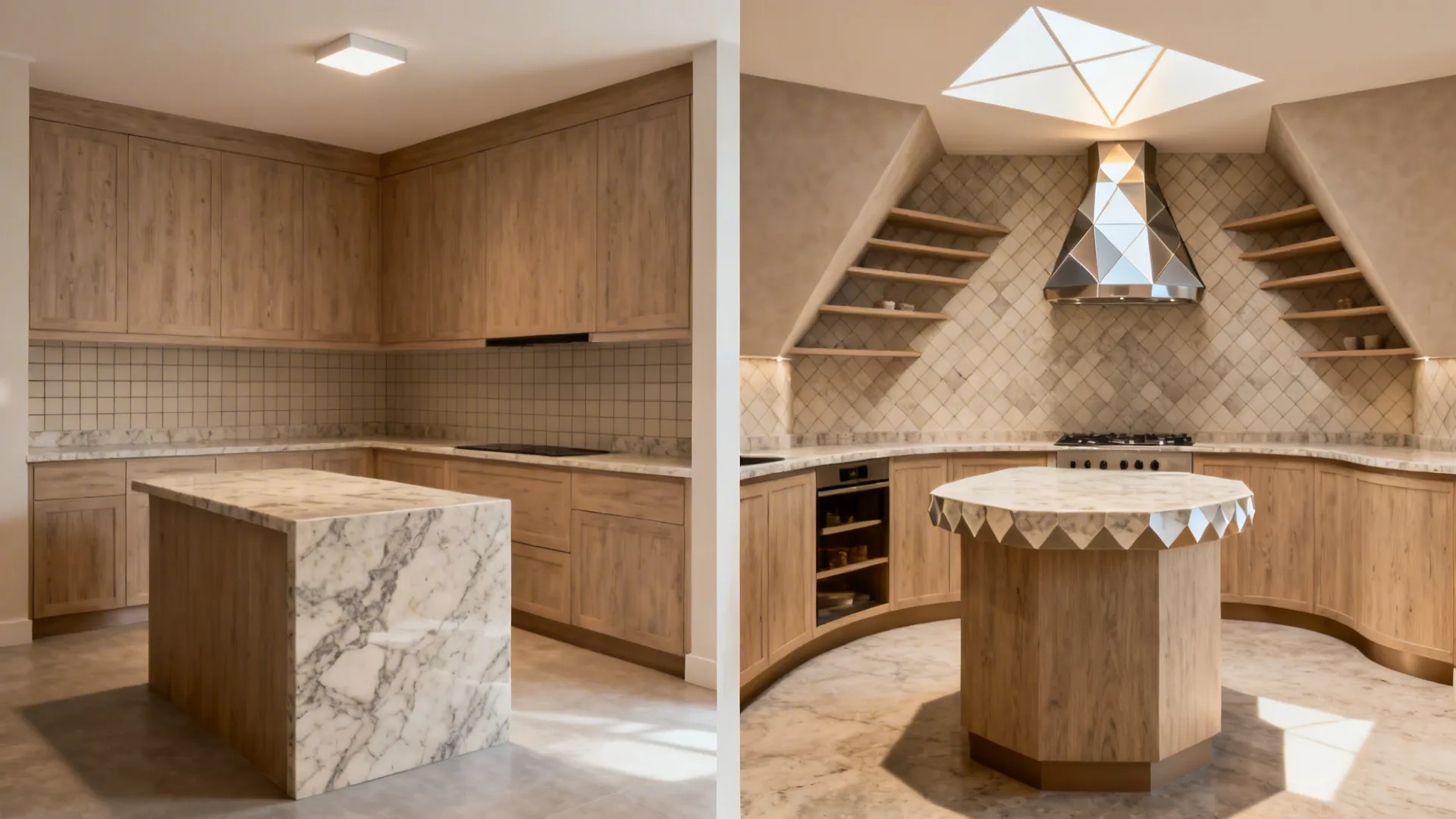 Before-and-after comparison showing a plain kitchen transformed with geometric elements.