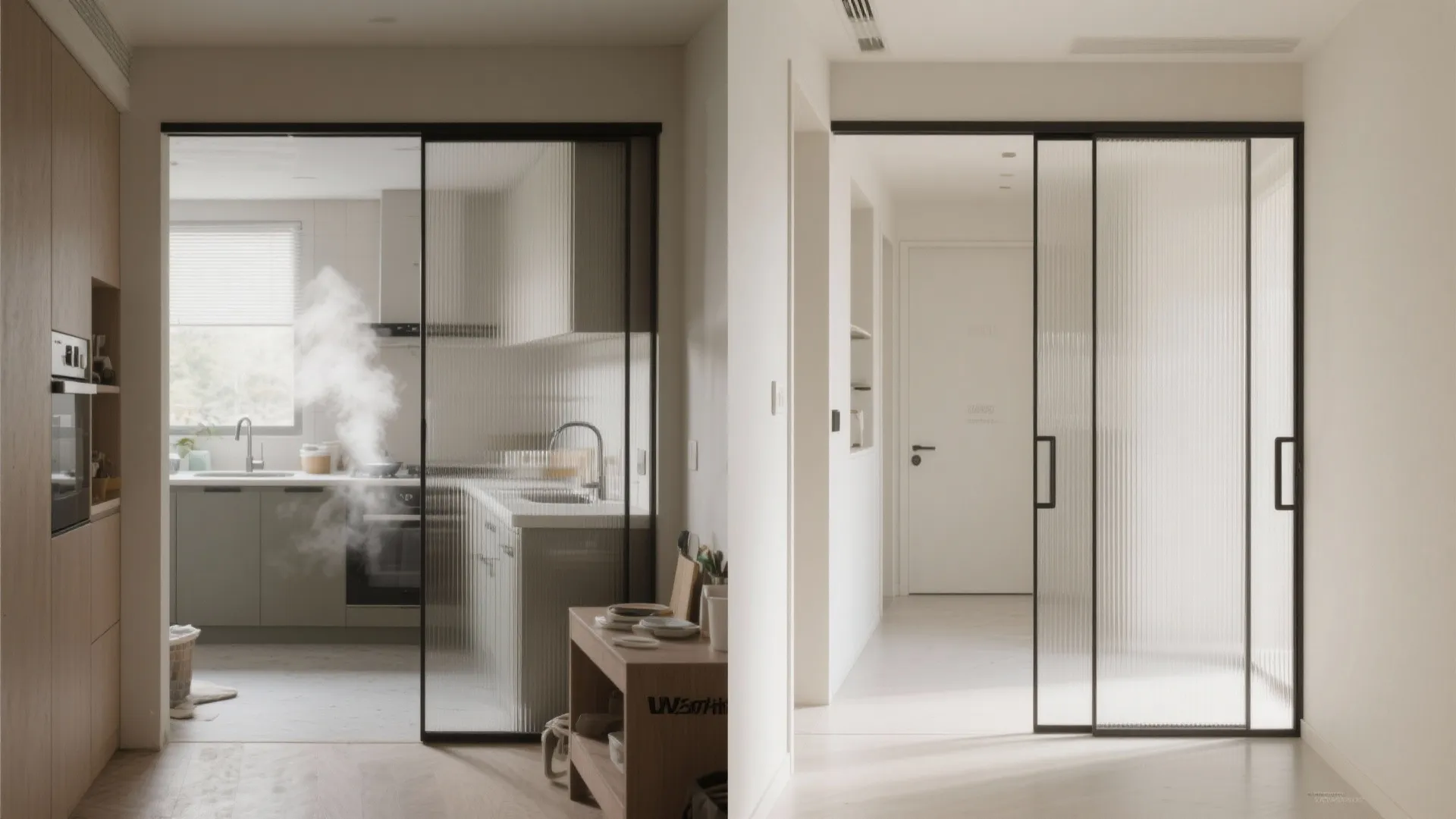 Before and after comparison of kitchen entrance with new sliding glass door and white wall