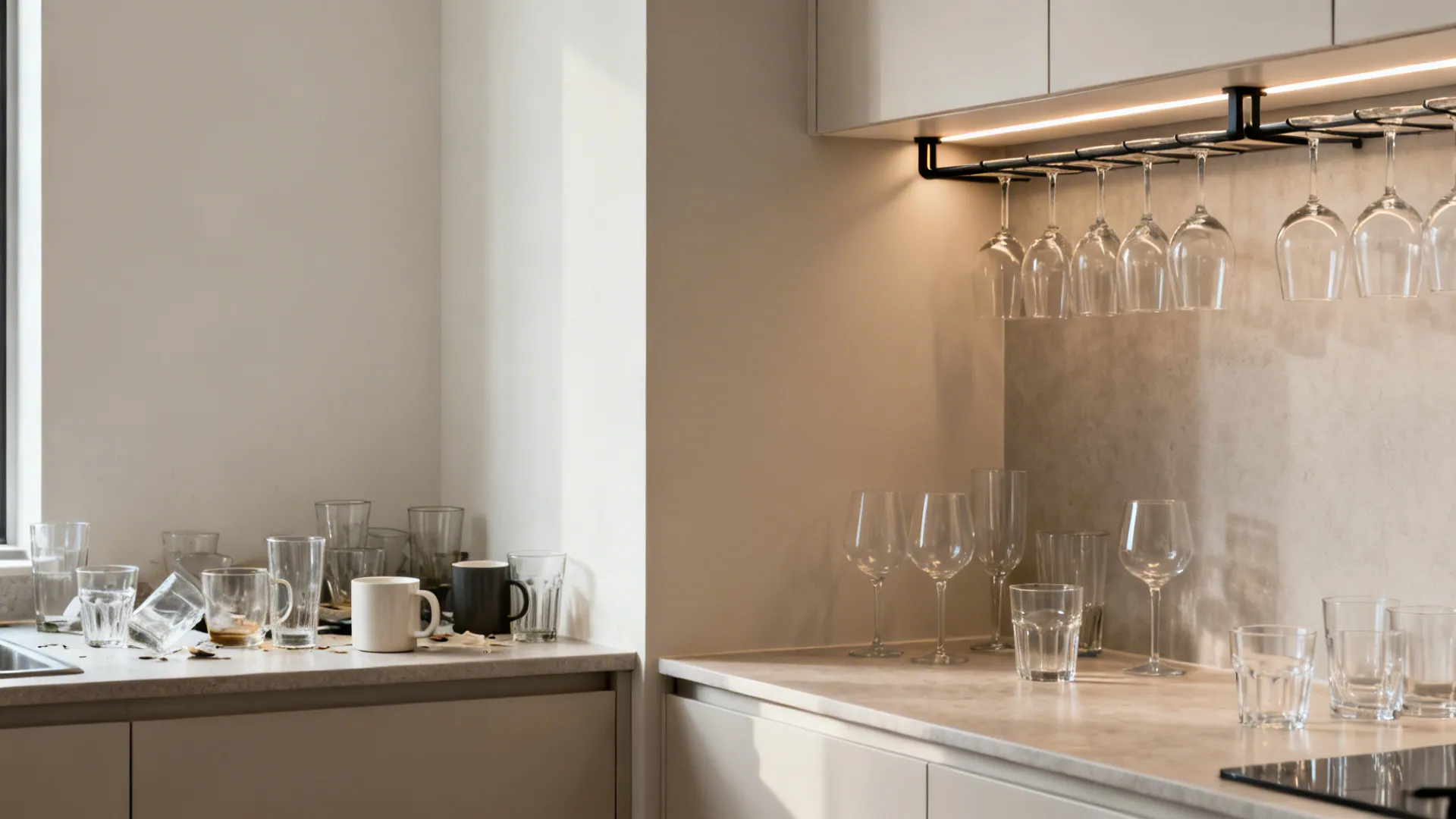 Side by side comparison of messy unwashed kitchen glasses versus organized clean glassware under light