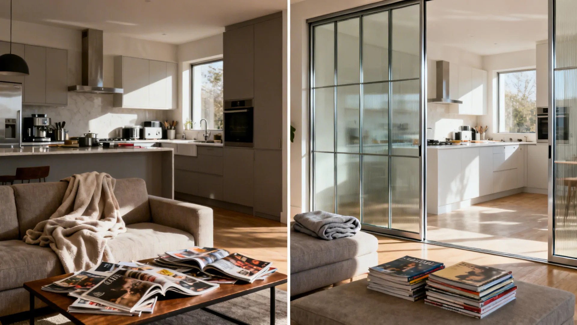 Split view showing a small living-kitchen space before and after adding a glass sliding partition.
