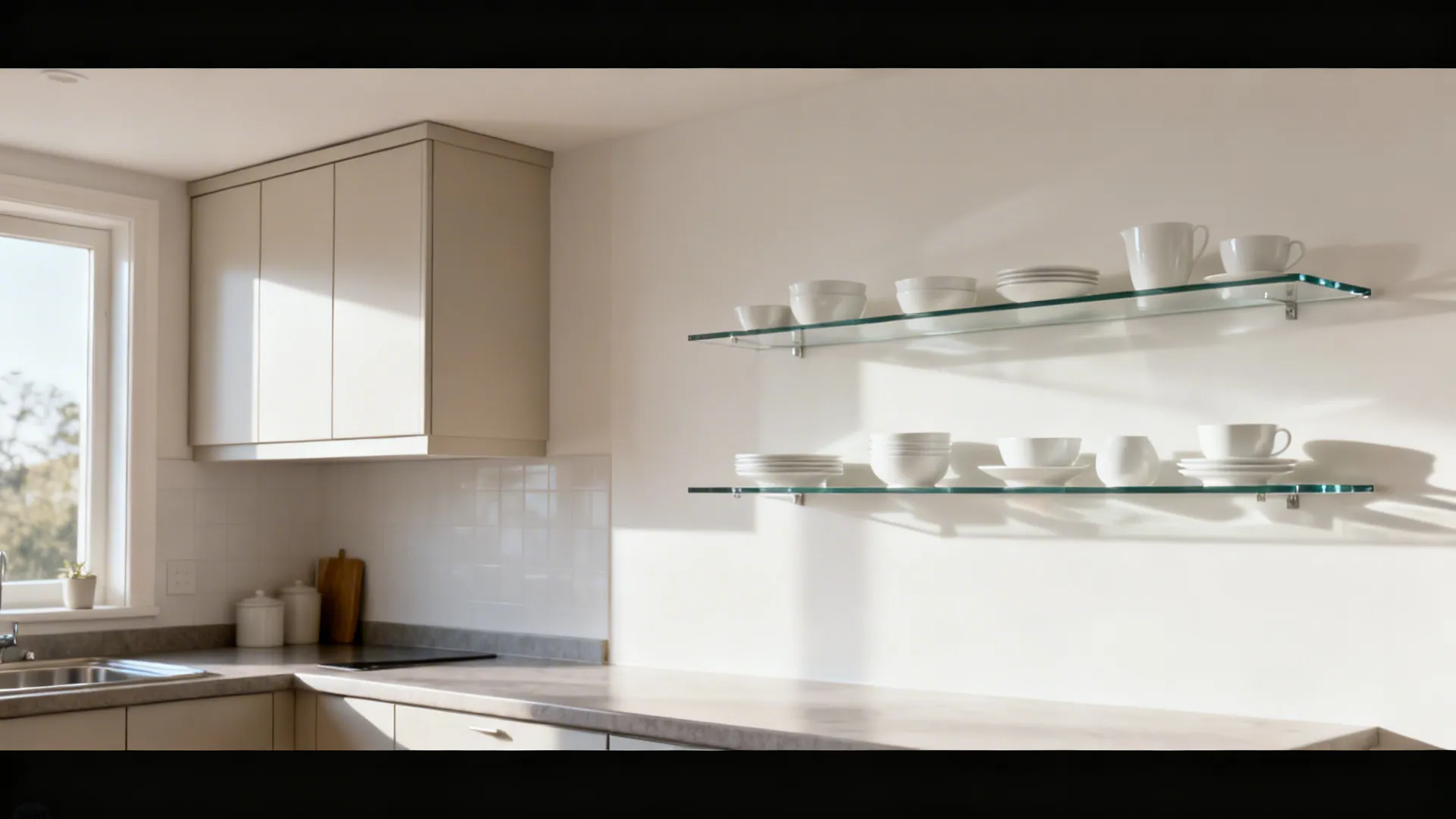 White kitchen wall with floating glass shelves holding ceramic plates and bowls near beige cabinet