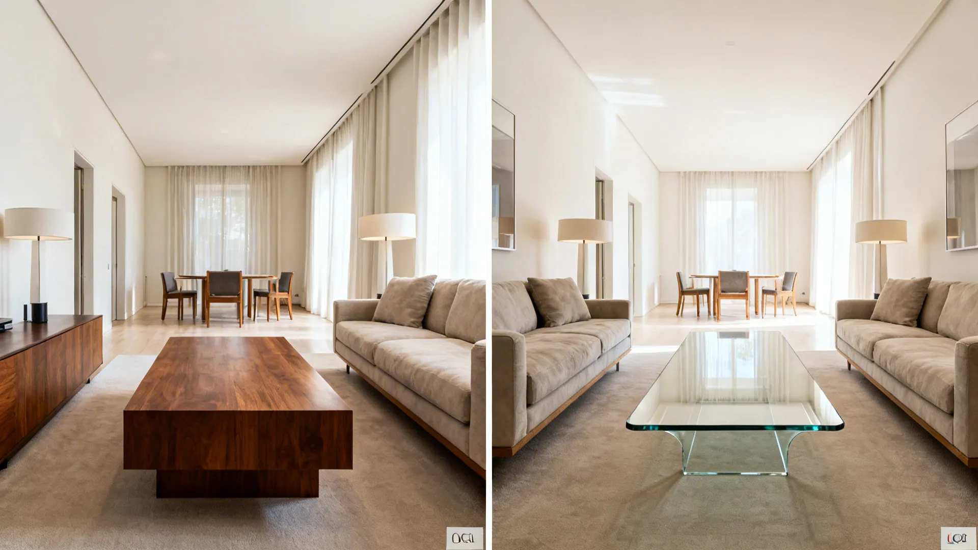 Before and after showing heavy wood table replaced by a clear waterfall glass table.