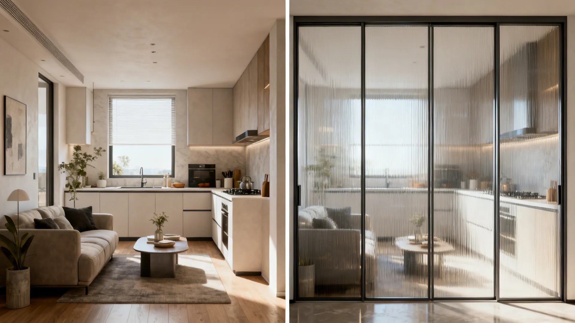 Before-after view showing an open kitchen versus the same space with framed glass sliders.