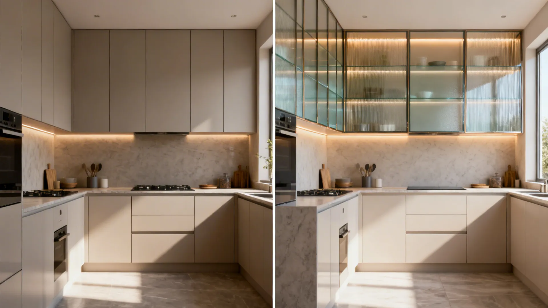 Before-and-after of a small kitchen switching to designer glass cabinet fronts.
