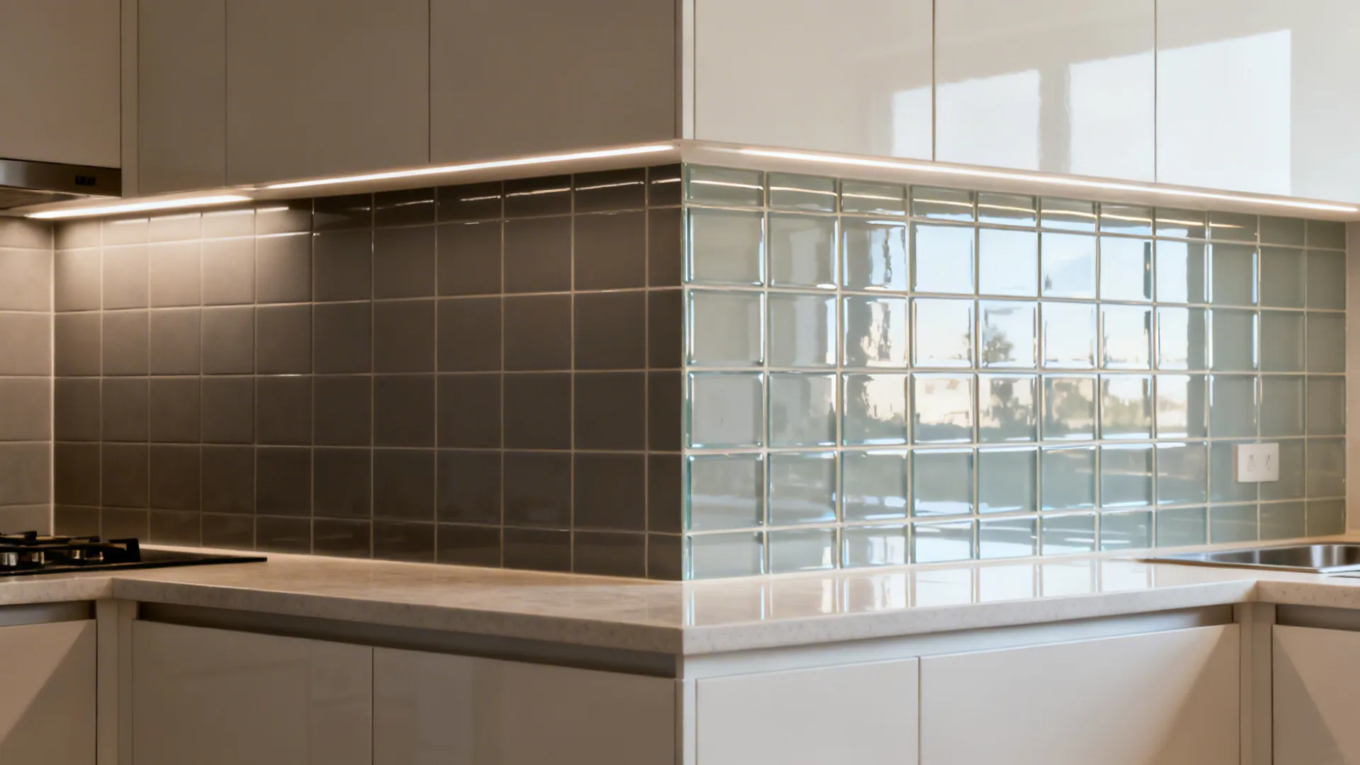 Before-and-after showing matte tile vs glossy glass backsplash brightening the same small kitchen wall