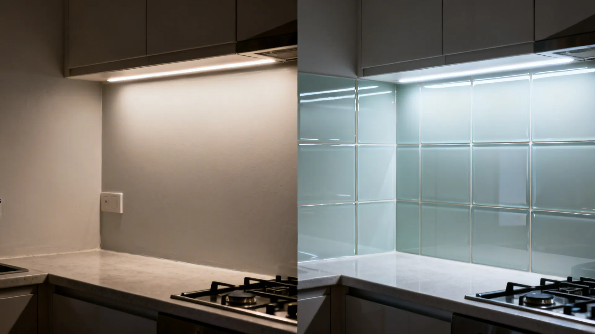 Before and after comparing matte wall to glossy glass-look porcelain backsplash.
