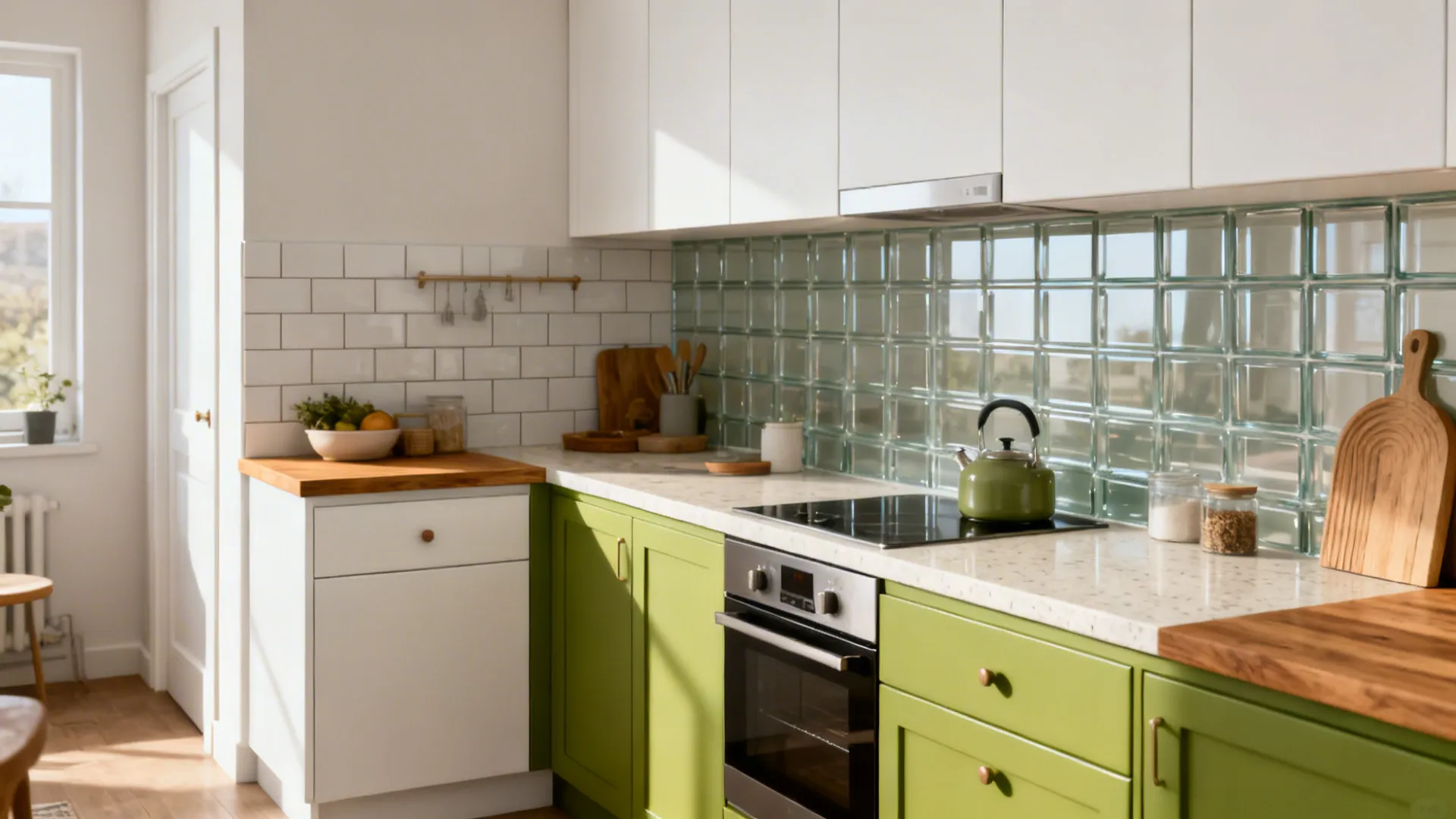 Before-and-after small kitchen showing upgrade to apple-green bases, white uppers, glass, and quartz.