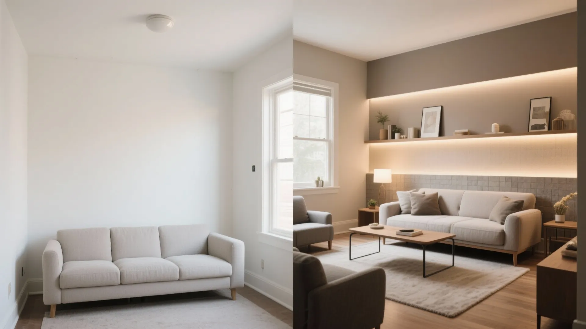Before and after comparison of a simple white room versus a fully decorated modern living room