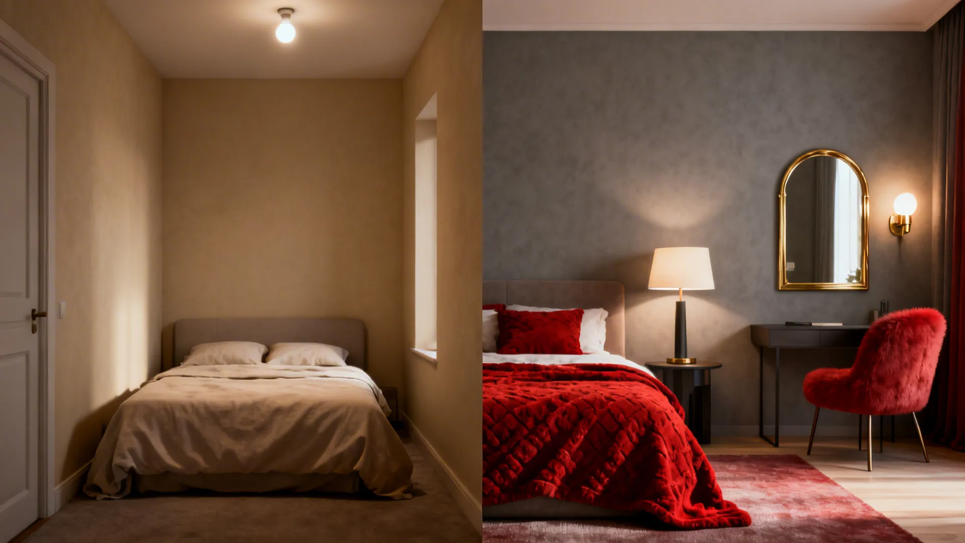 Before-and-after split of a small bedroom transformed with grey walls, red accents and layered lighting.