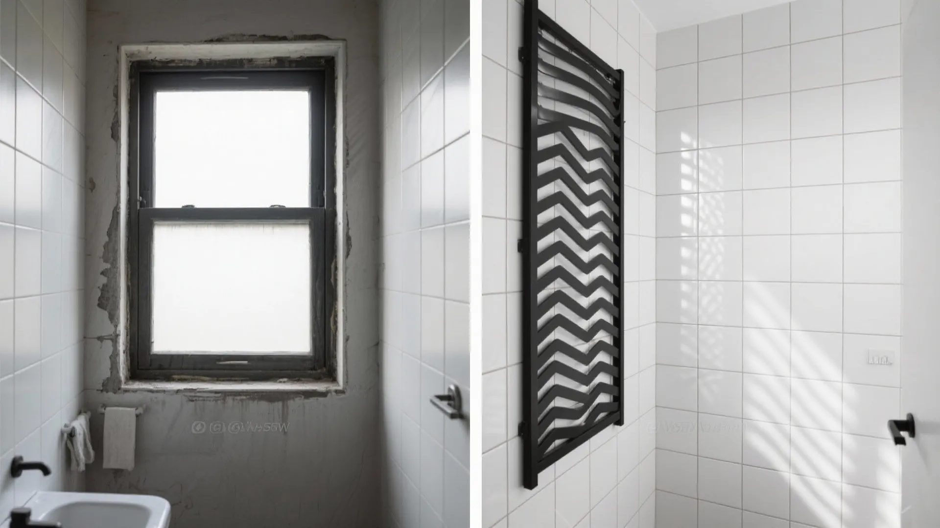 Before and after of a small bathroom window showing bulky bars replaced by slim chevron grill