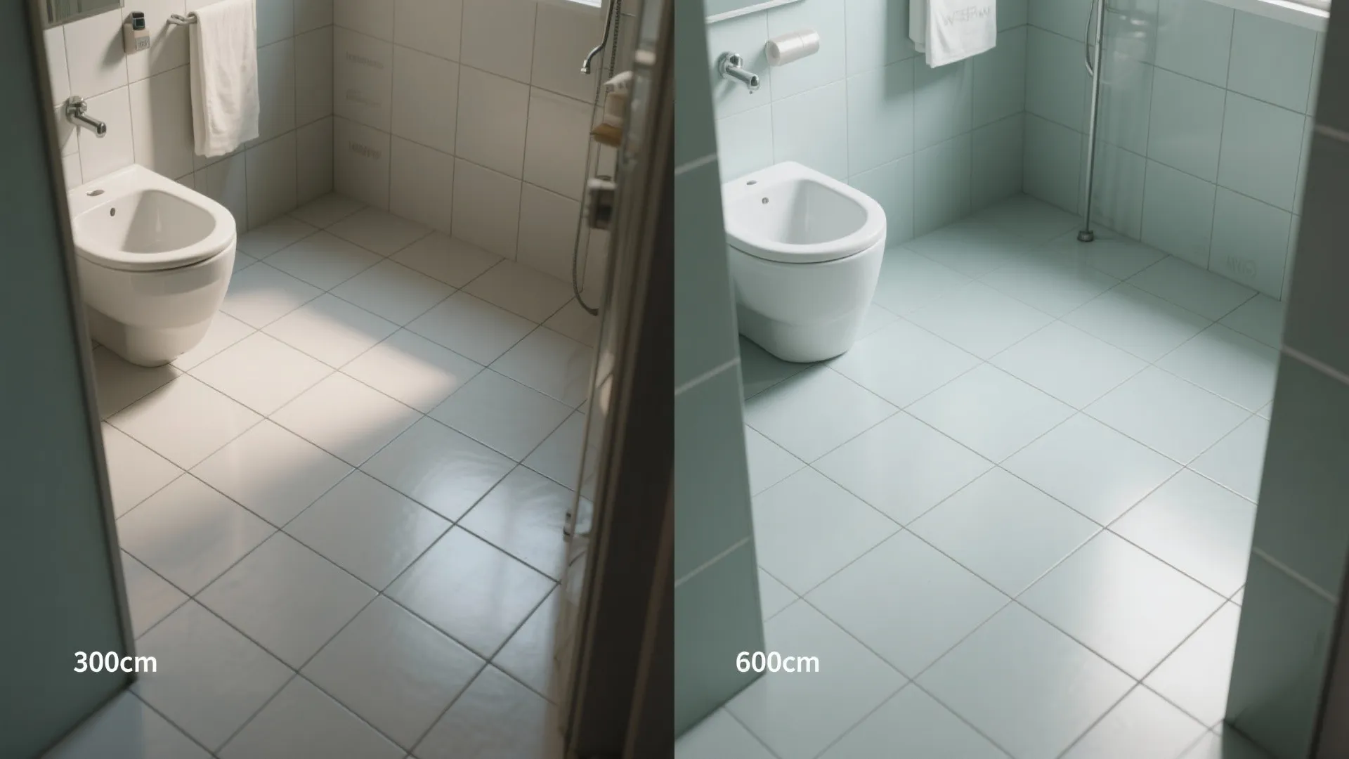 Comparison between small floor tiles and large floor tiles in a clean white modern tiled bathroom