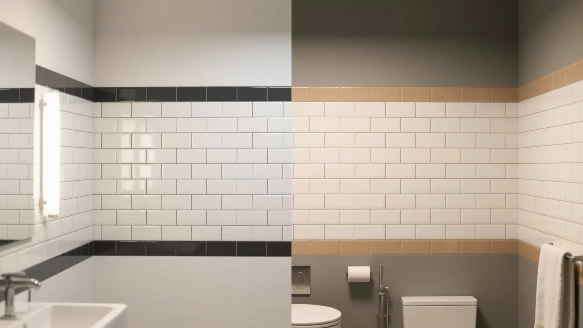 Before and after comparison of bathroom wall tiles showing different grout colors and sink area