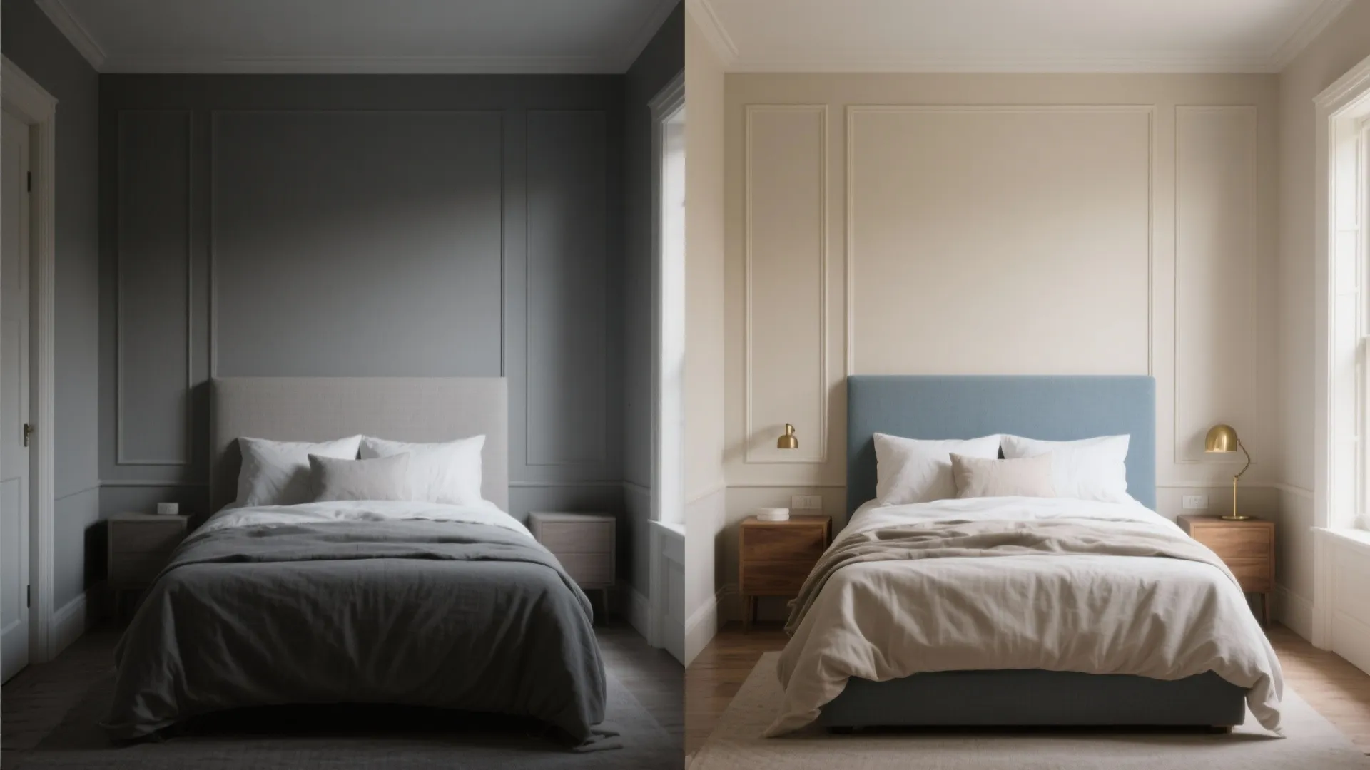 Before and after comparison of a bedroom showing dark grey wall panel versus warm beige walls