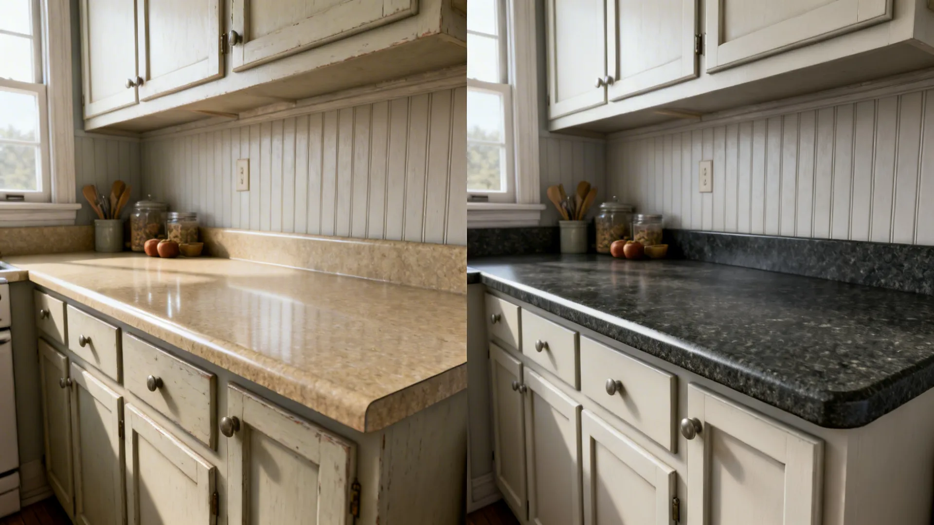 Before-and-after showing glossy laminate replaced with honed dark stone on shaker cabinets.