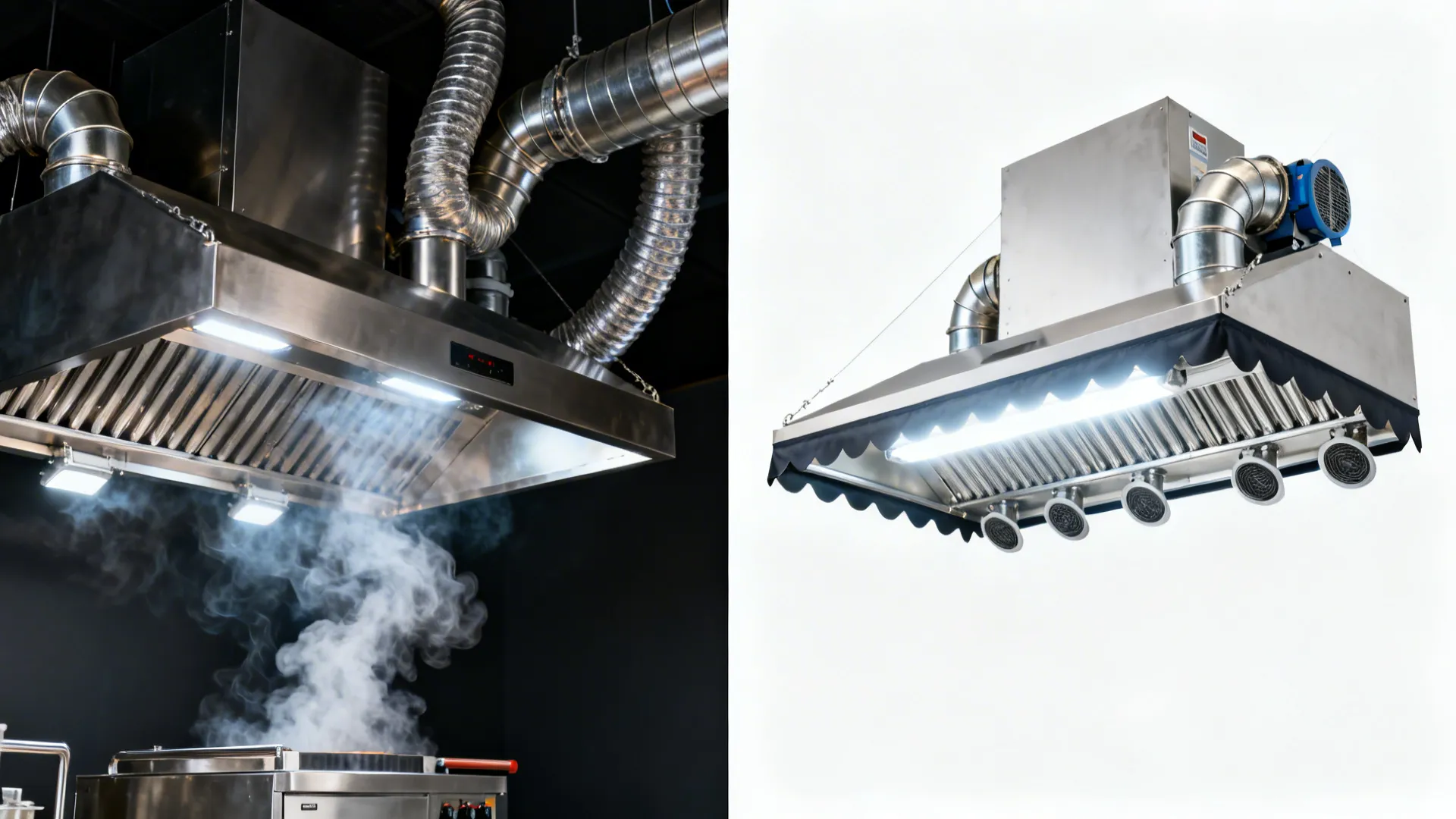 Before-and-after of a small kitchen hood and duct layout from cluttered to optimized straight-run design.