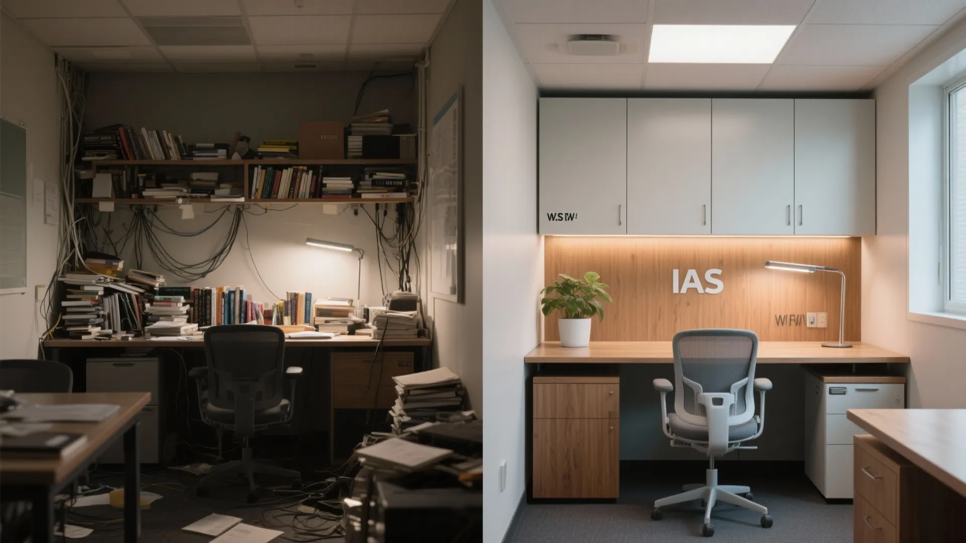 Before and after comparison of a messy dark office versus a clean organized modern desk setup