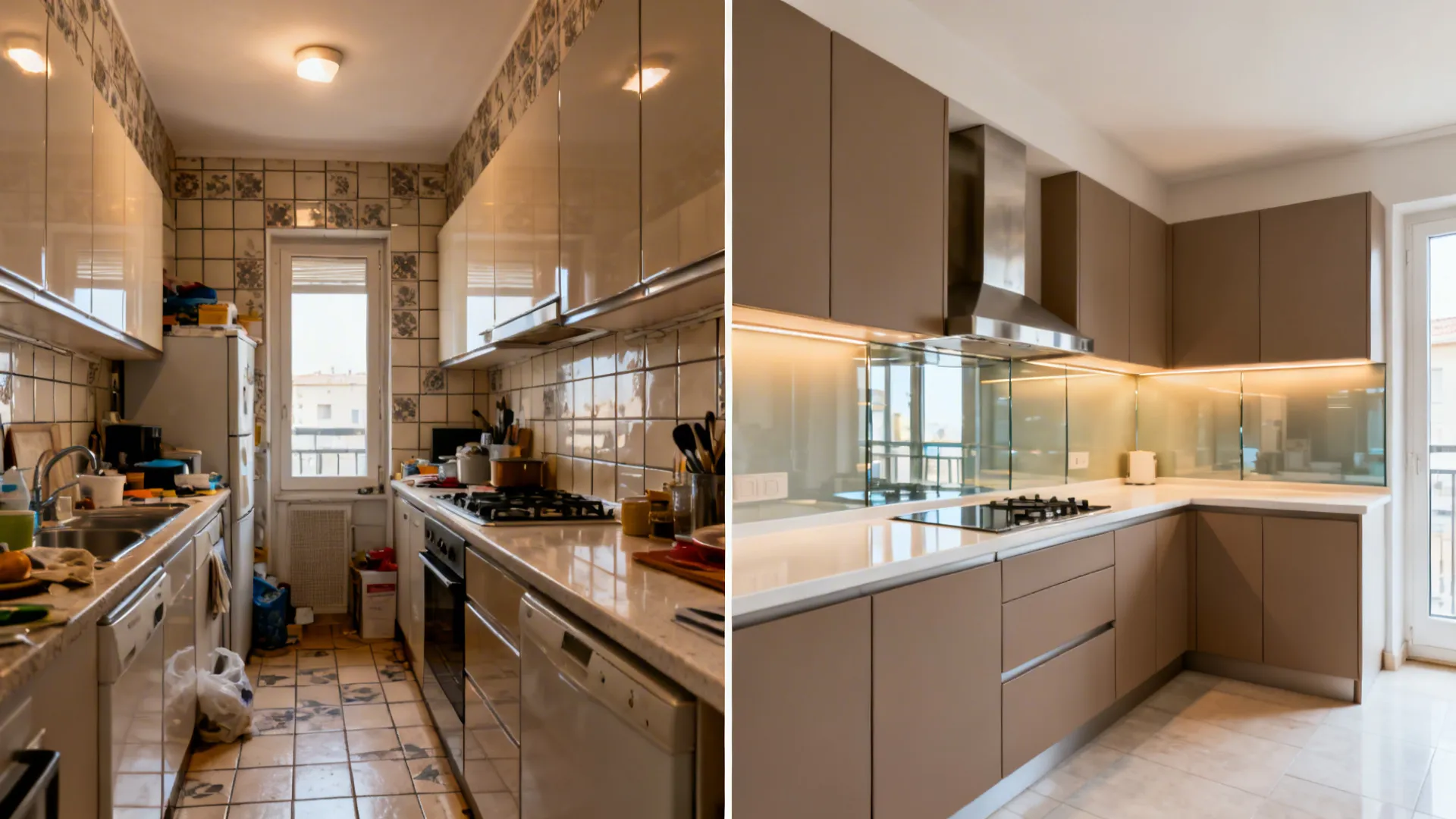 Before-and-after small kitchen: cluttered glossy tile setup vs. warm matte Italian-style update with glass backsplash.