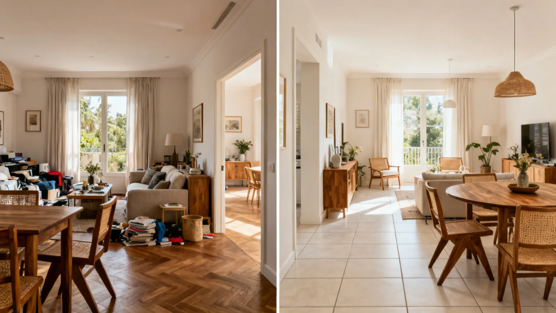 Before-and-after Kerala living-dining showing improved proportions and 36-inch circulation.