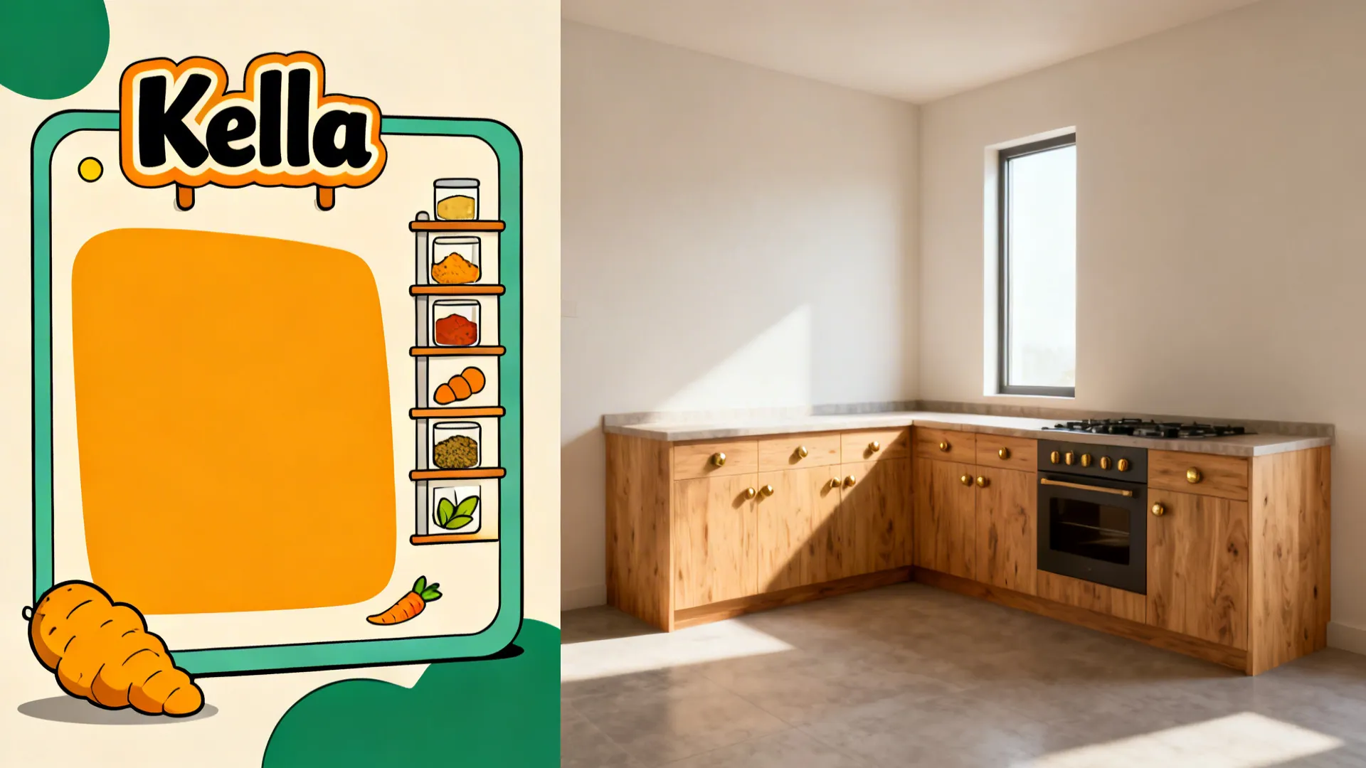 Split view of cartoon concept and photorealistic Kerala kitchen preview.