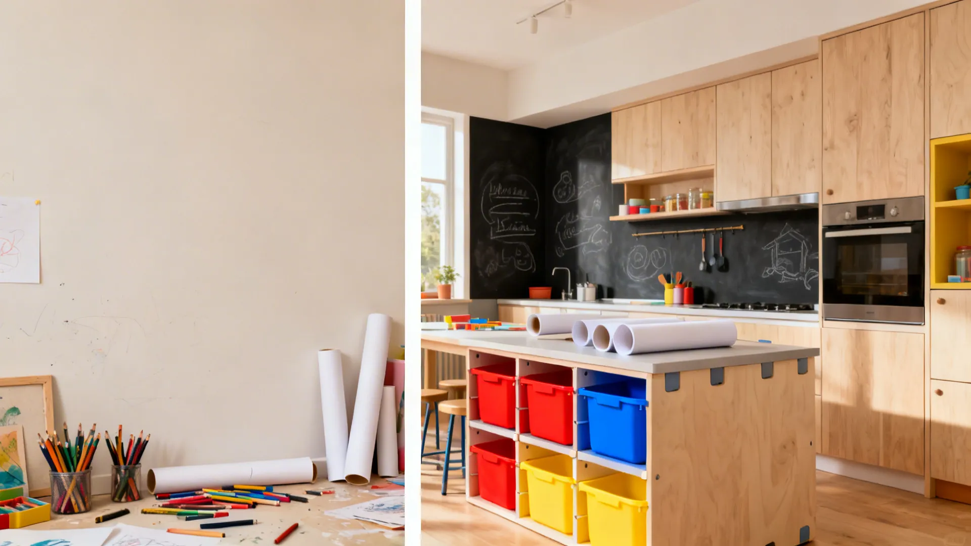 Before-and-after of a small kitchen corner transformed into a tidy kid studio with chalkboard and paper roll.