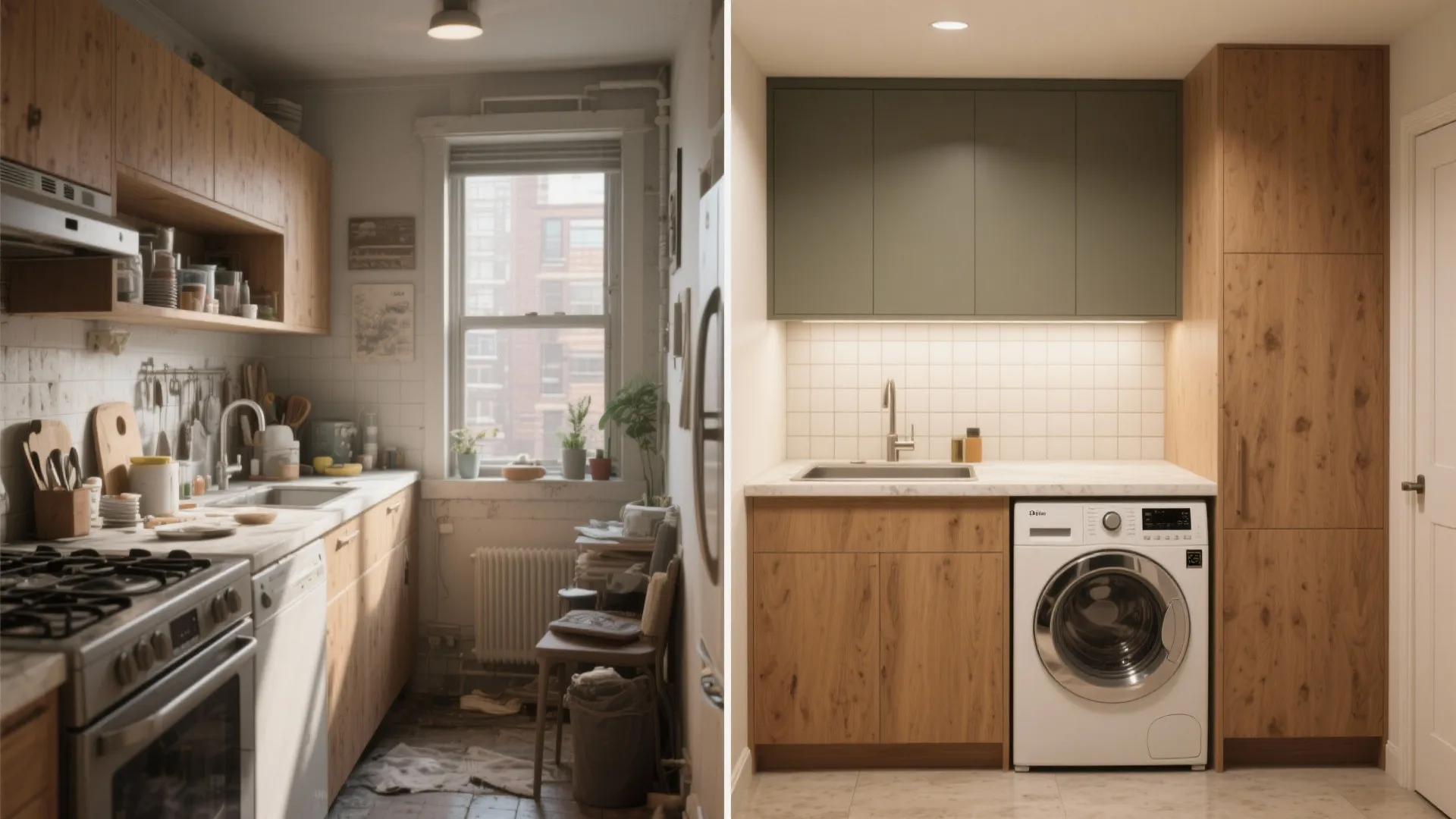 Before and after comparison of a messy old kitchen and a modern clean laundry room