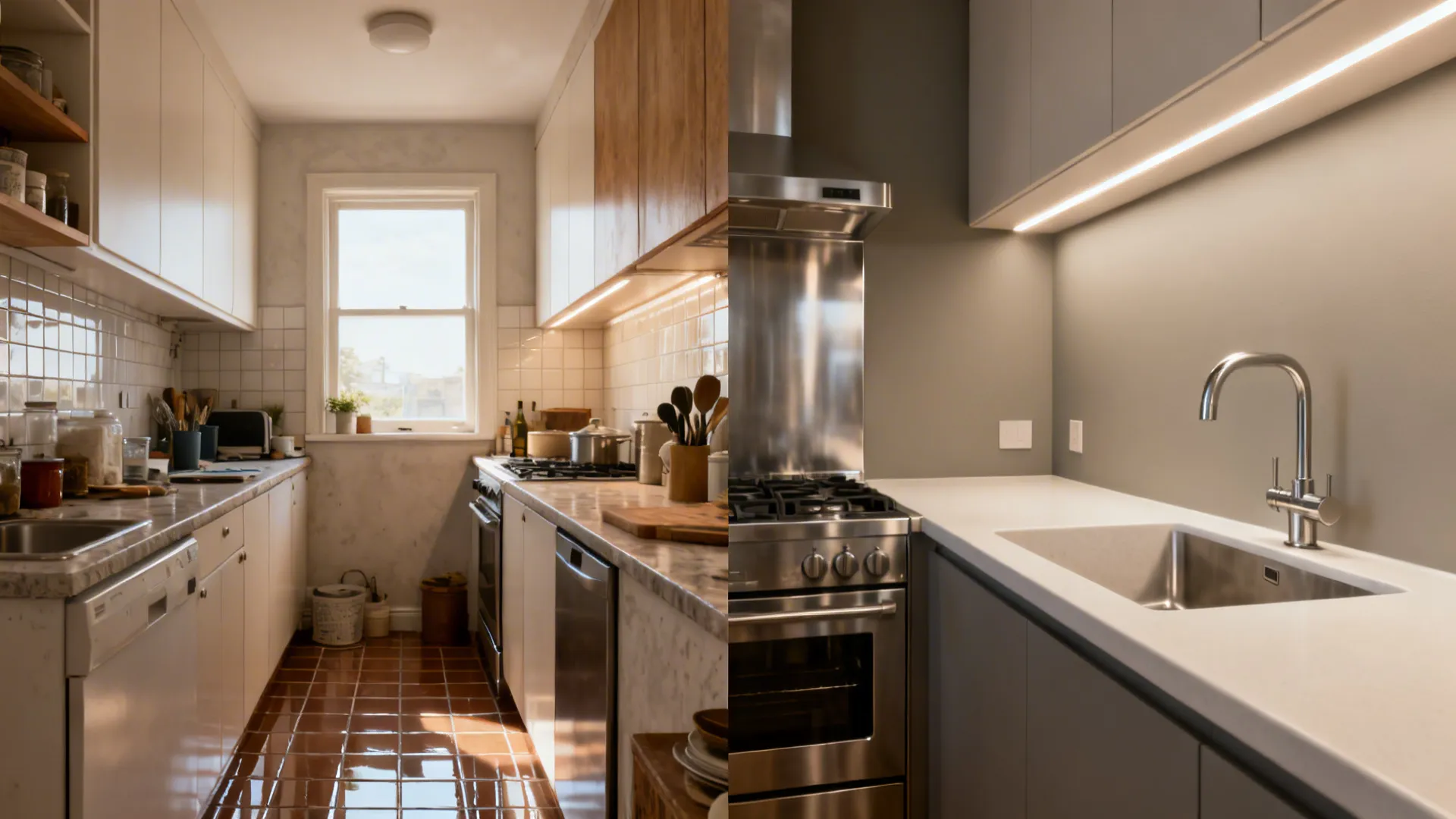 Before and after comparison showing an old kitchen versus a modern renovated grey kitchen space