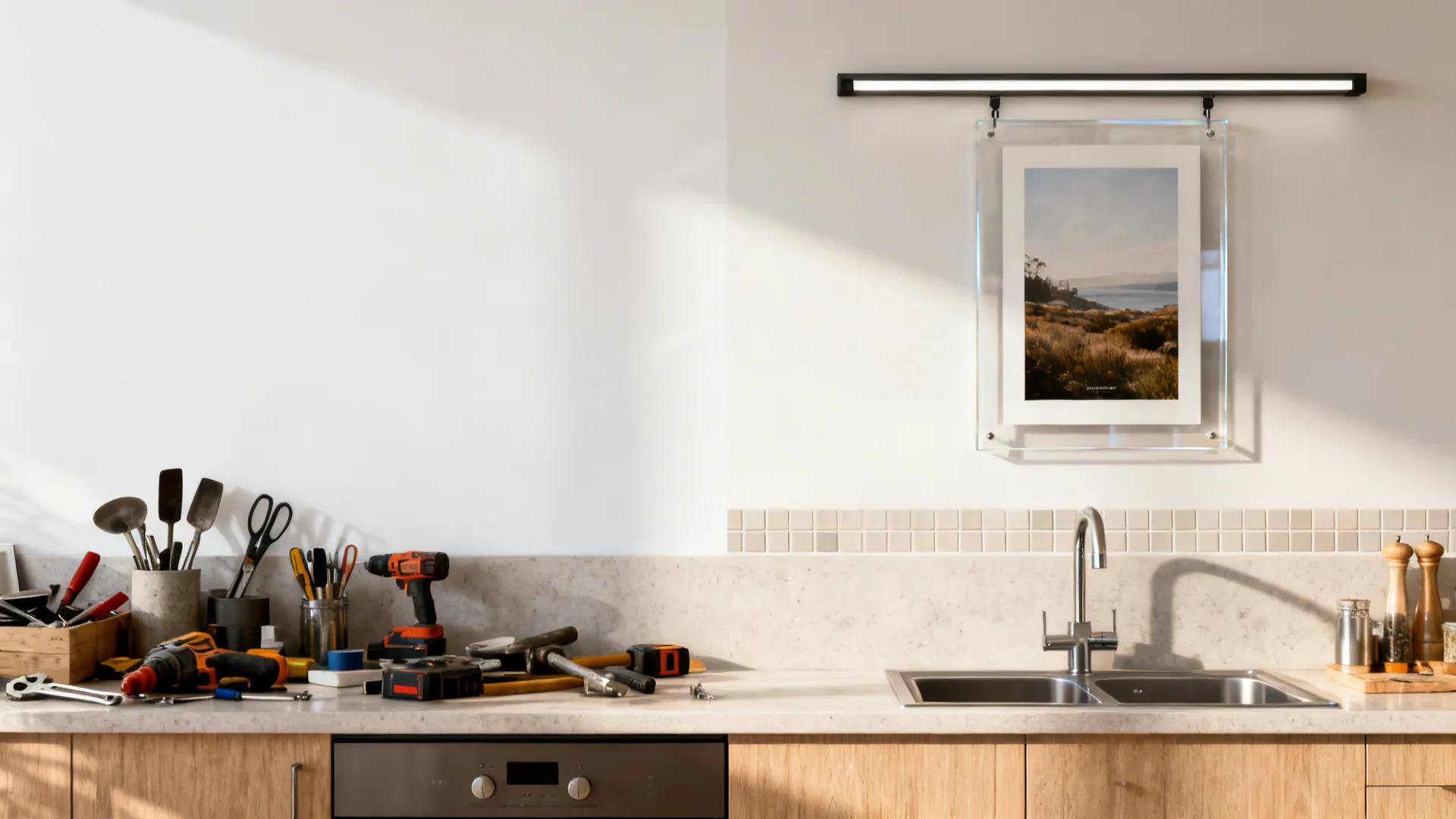 Before-and-after of a small kitchen wall from blank and cluttered to curated with art and rail.