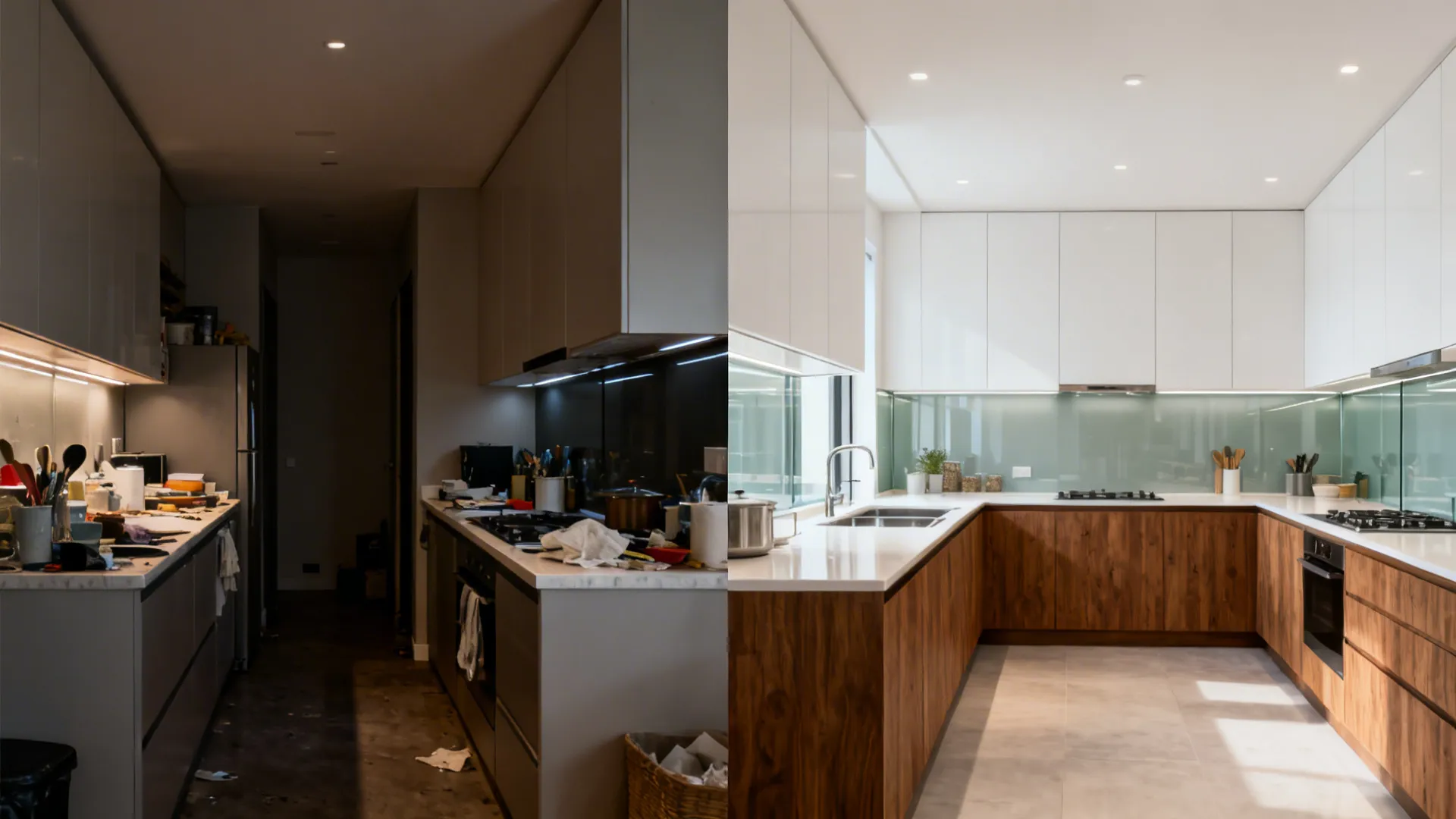 Before-and-after of a compact kitchen changing from a single wall to an efficient L-shaped layout.