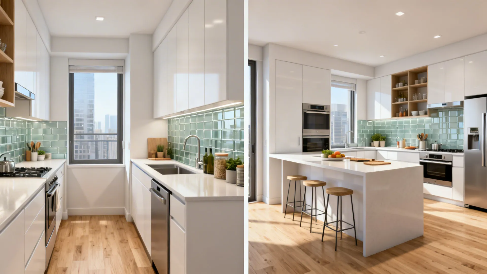 Before-and-after showing a single-wall kitchen transformed into a brighter L-shaped layout.