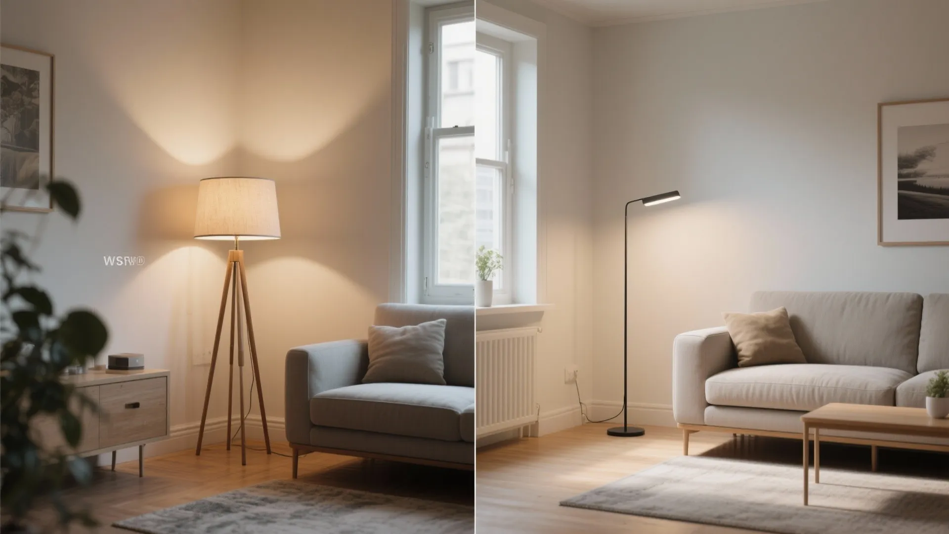 Before-and-after comparison showing bulky lamp replaced by a slim floor lamp to improve a small living room.