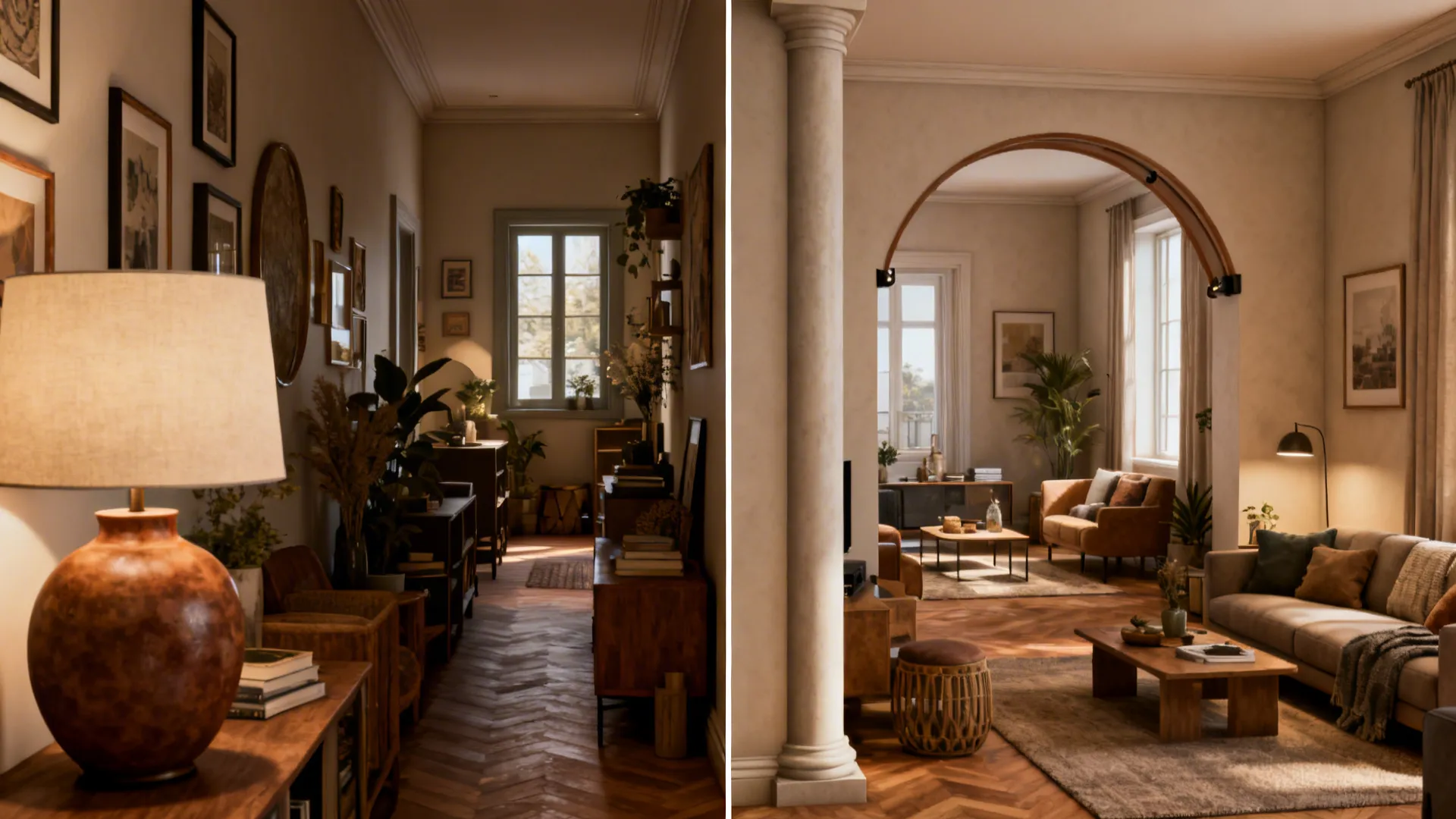 Before-and-after of lamp placement showing blocked walkway then optimized slim-lamp layout in a small living room.