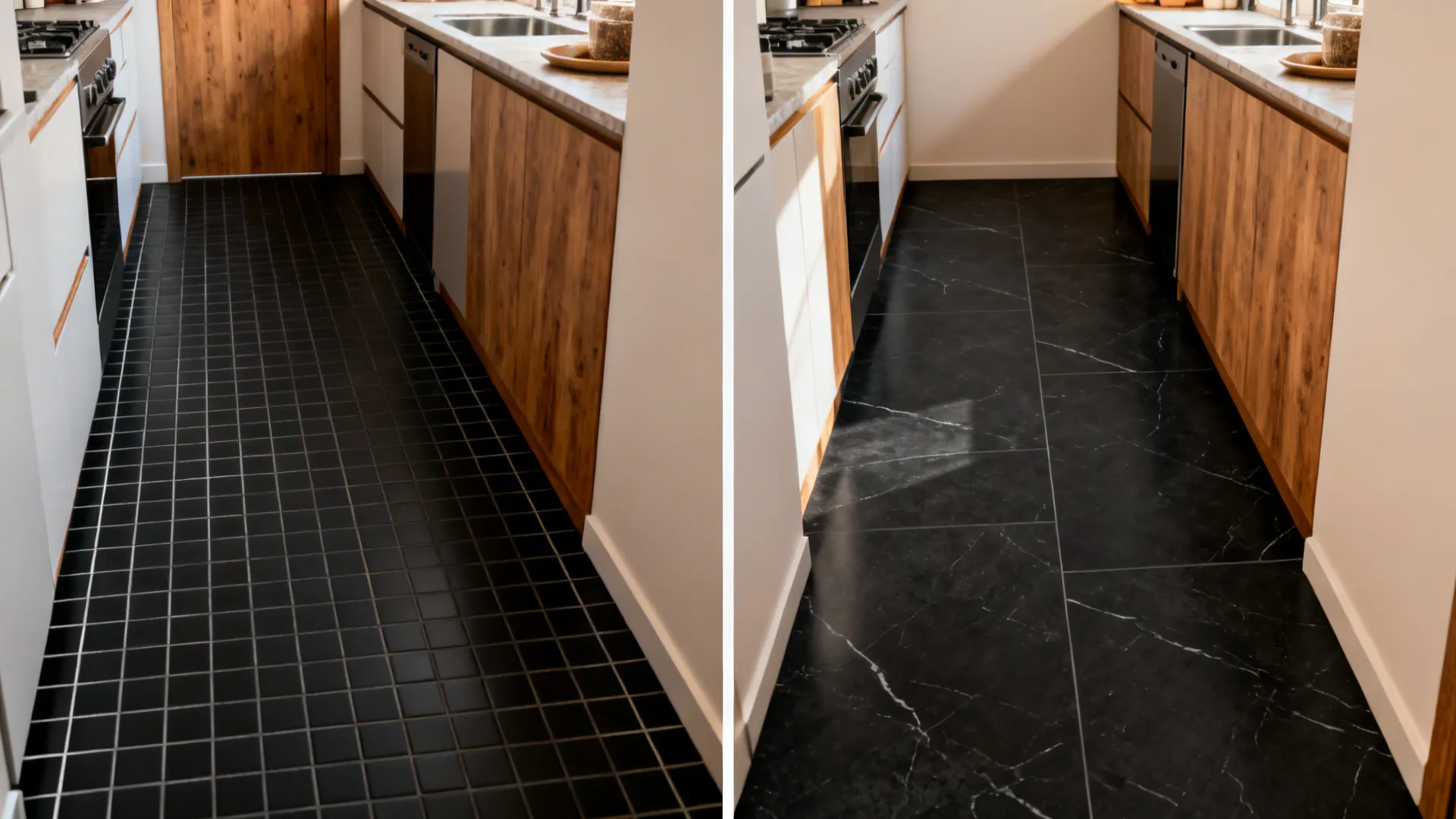 Before-after split showing many grout lines versus large-format black tiles elongating a small kitchen.