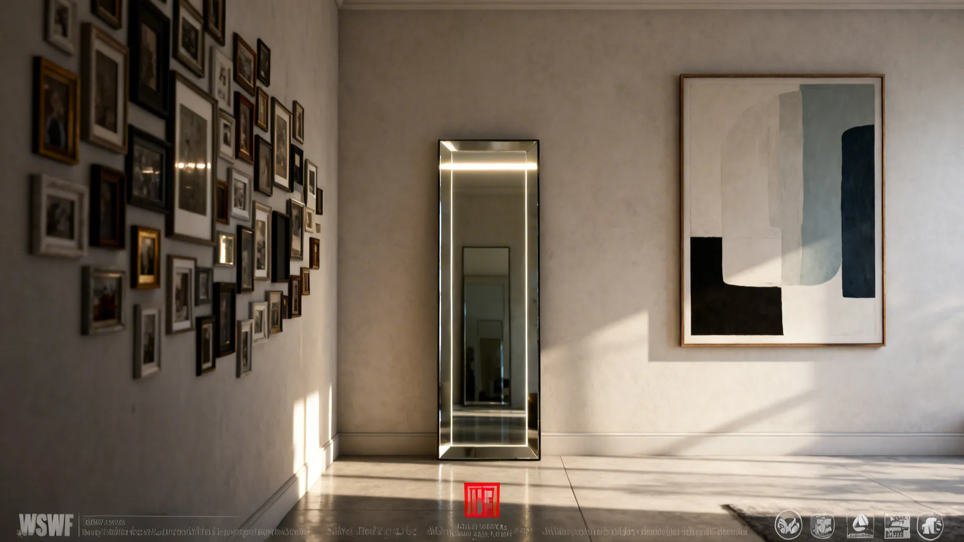 Before-and-after of a small living room from cluttered wall art to one bold focal piece.