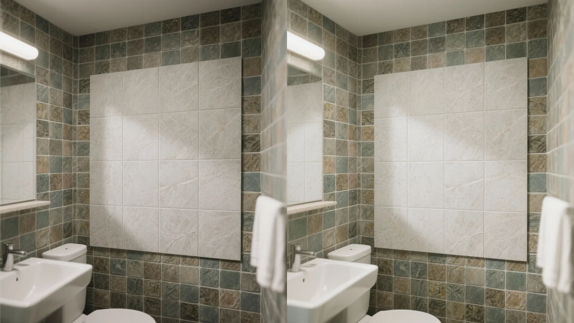 Before and after comparison showing small colorful bathroom wall tiles replaced by large white stone