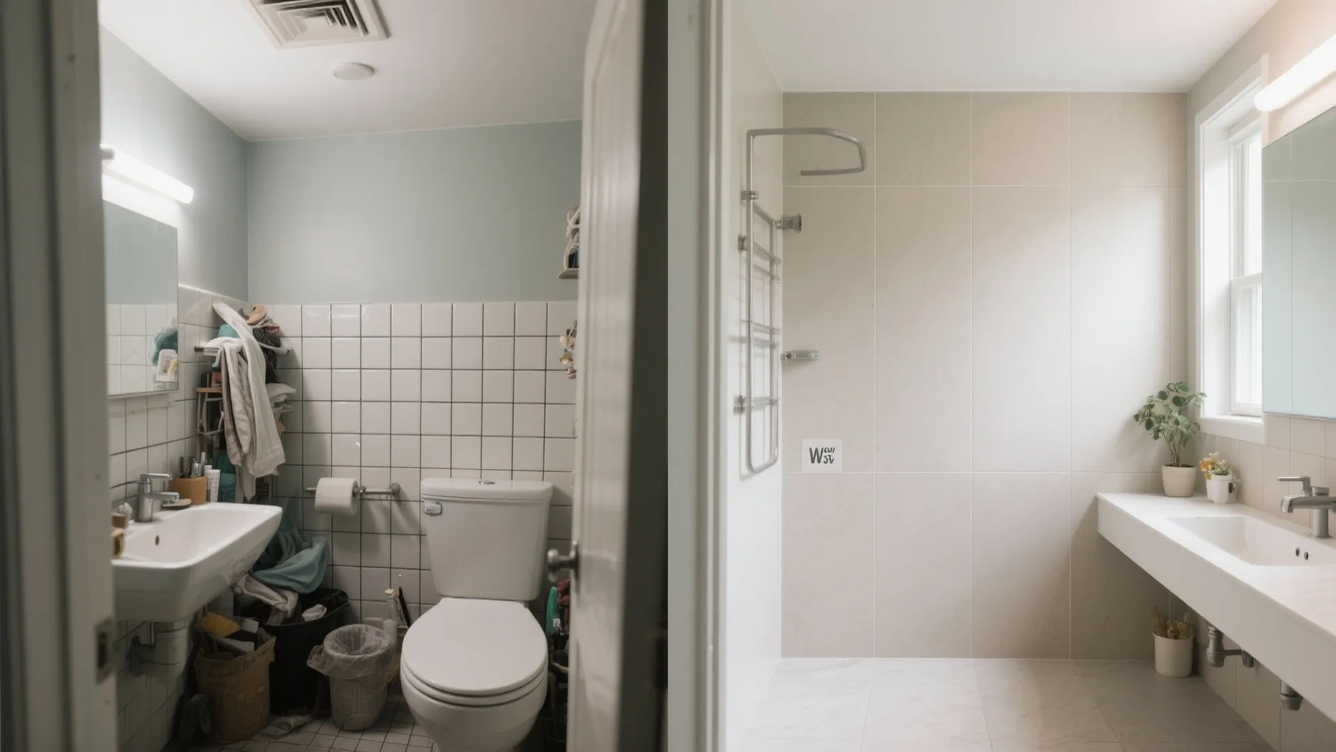 Before and after comparison of a cluttered small bathroom versus a clean modern renovated bathroom