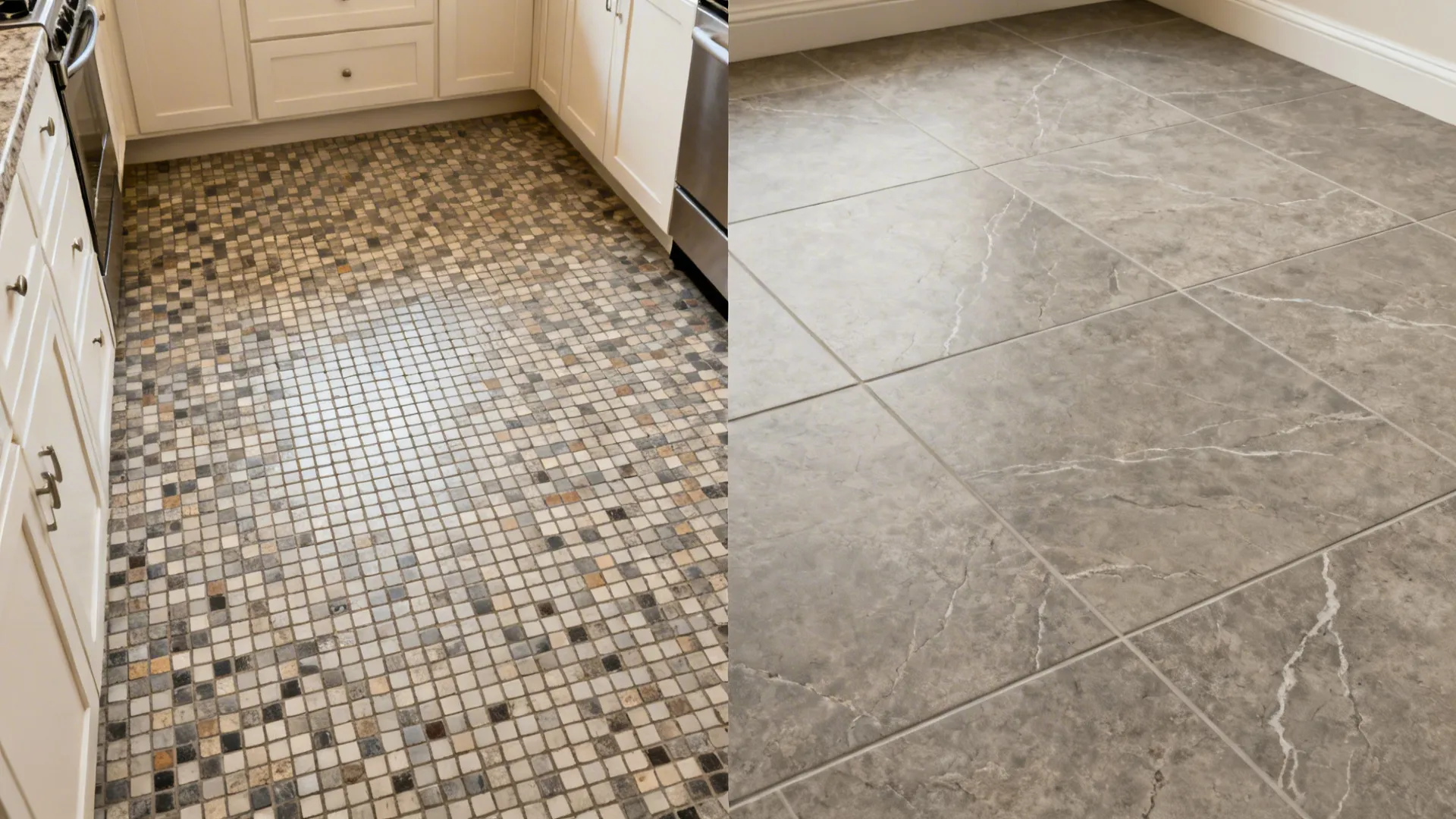 Before and after comparison showing small tiles replaced by large-format stone-look porcelain in a compact kitchen.