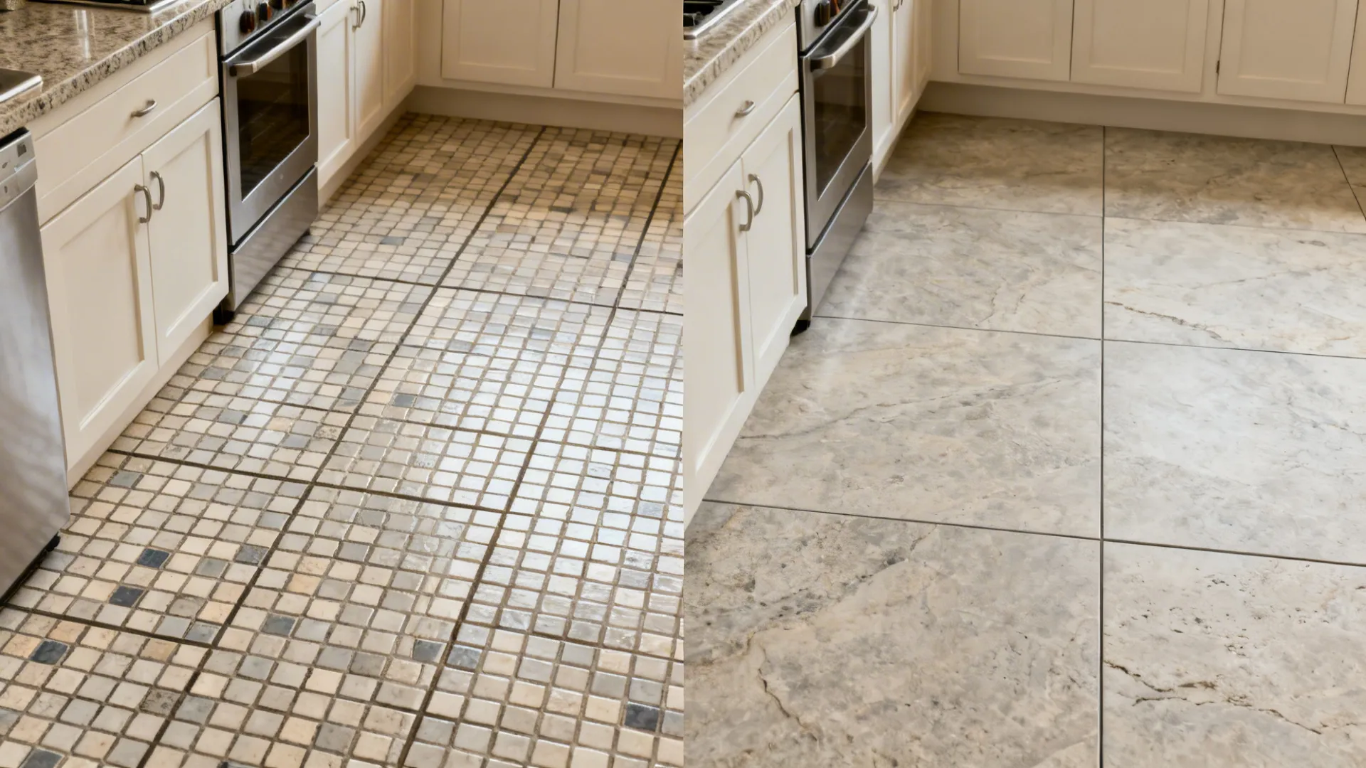 Before with small tiles versus after with large-format porcelain showing fewer grout lines.