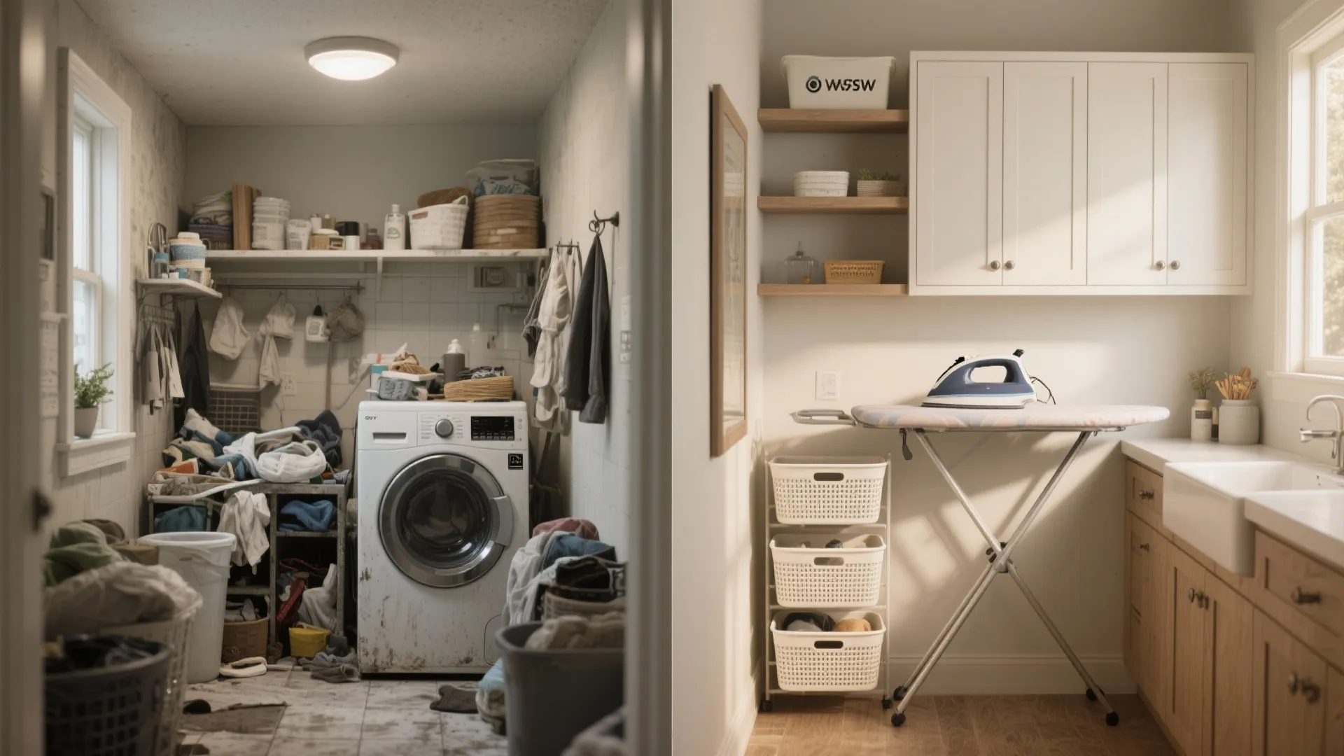 Before and after comparison of a small laundry room remodel with mixed shelving solutions.