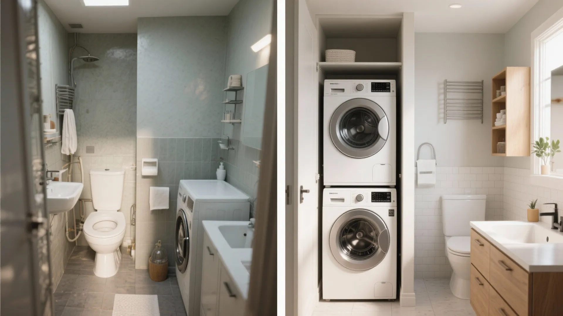 Side by side comparison of a messy bathroom versus a clean modern laundry room renovation