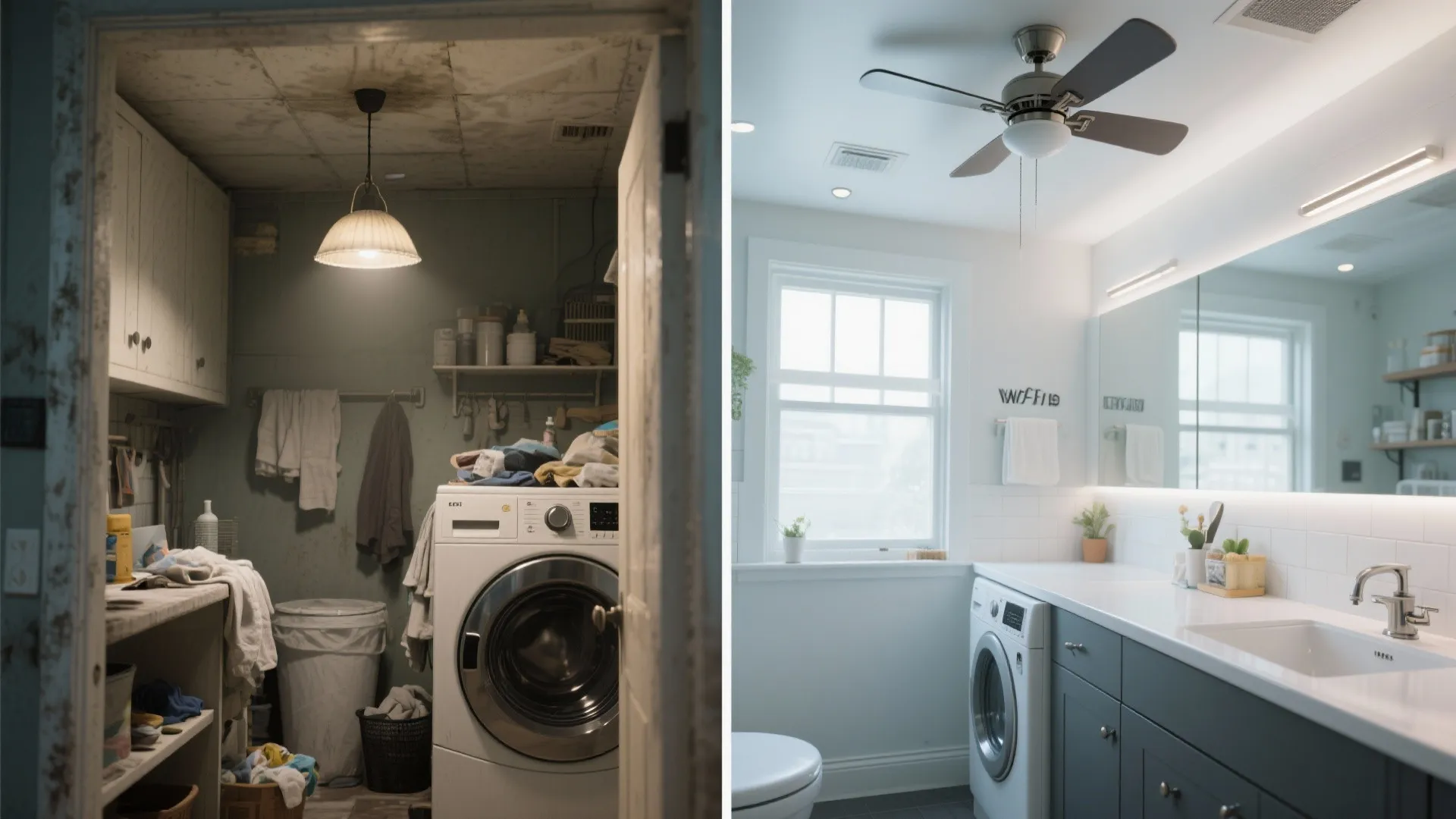 Before and after comparison of dark old laundry room versus modern bright white bathroom design