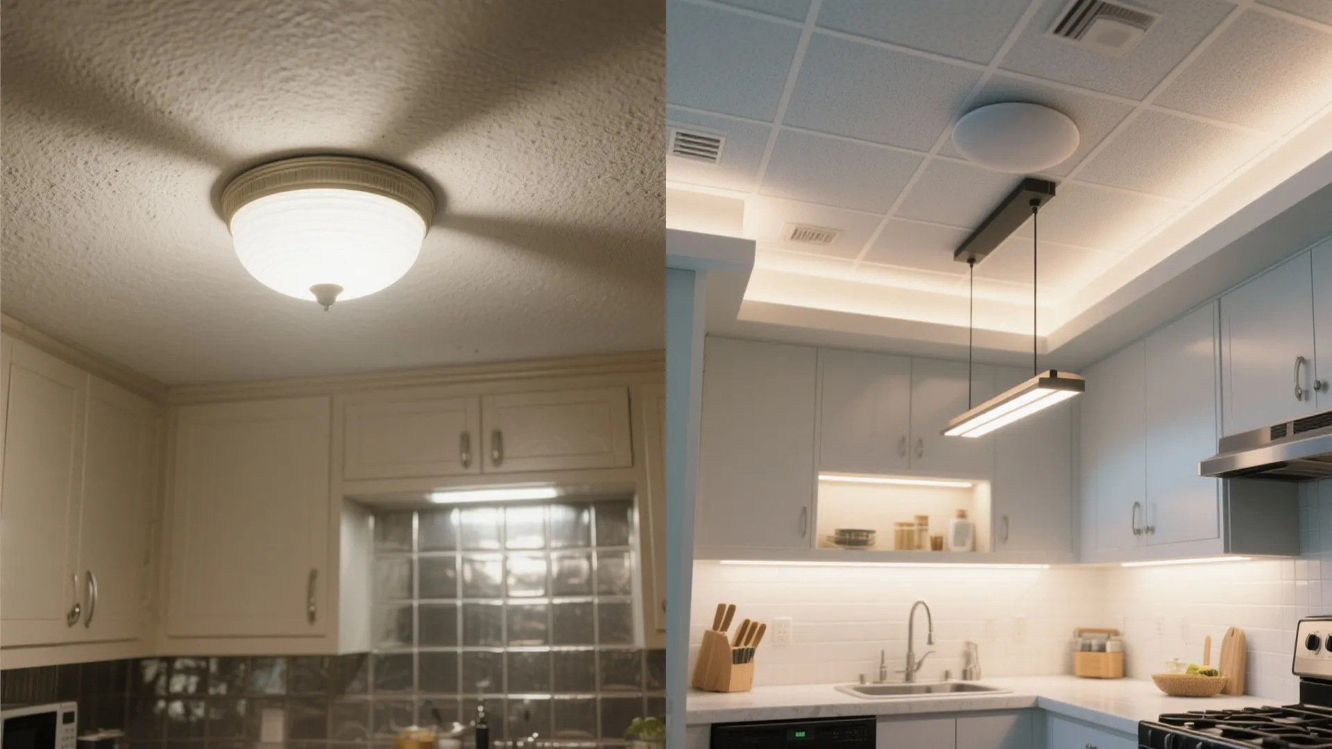 Split view showing a small kitchen before with a single dome light and after with layered ceiling lighting.