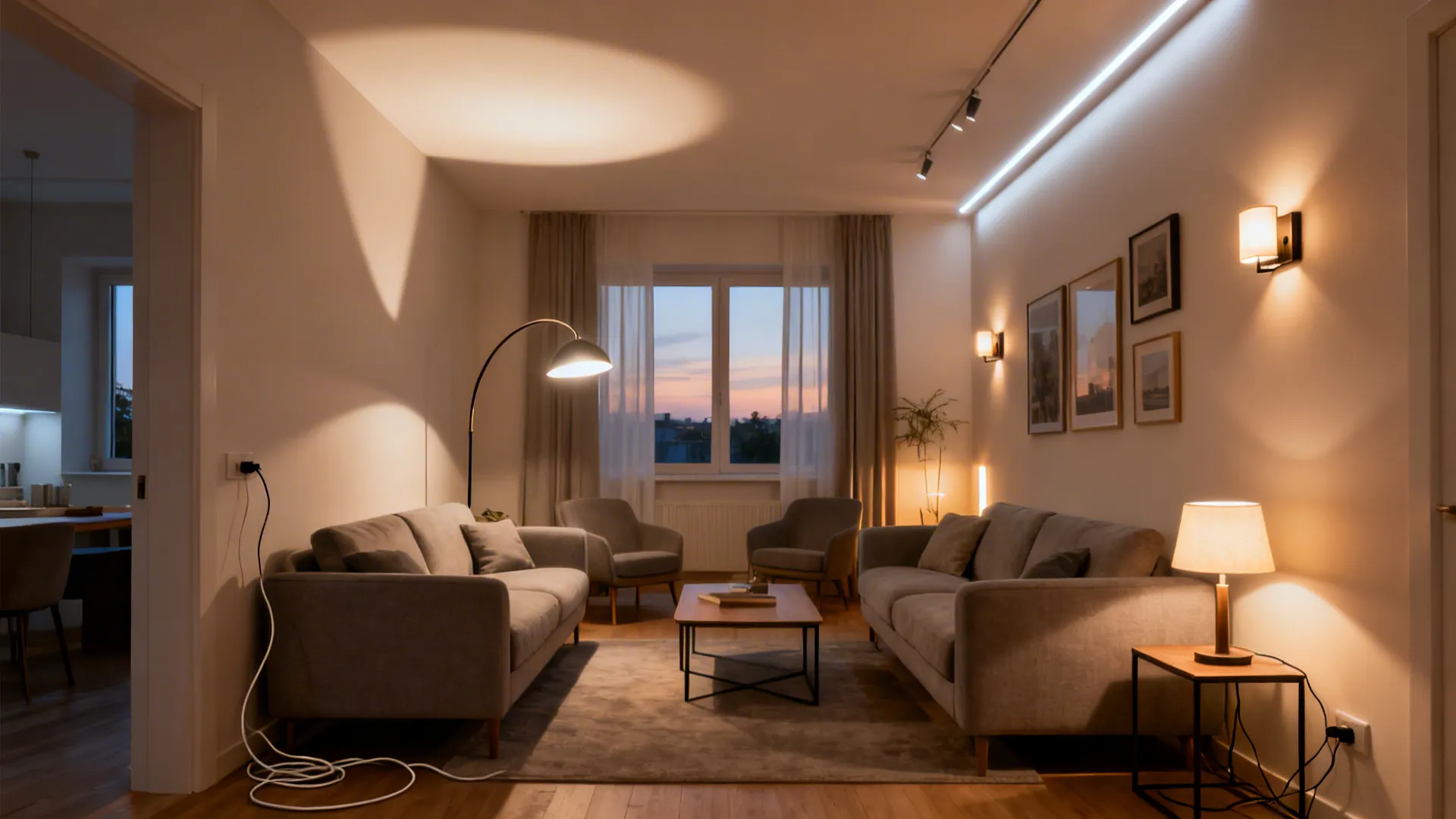 Before with flat overhead light vs after with layered lamps, sconces, LED strips, and picture lights.