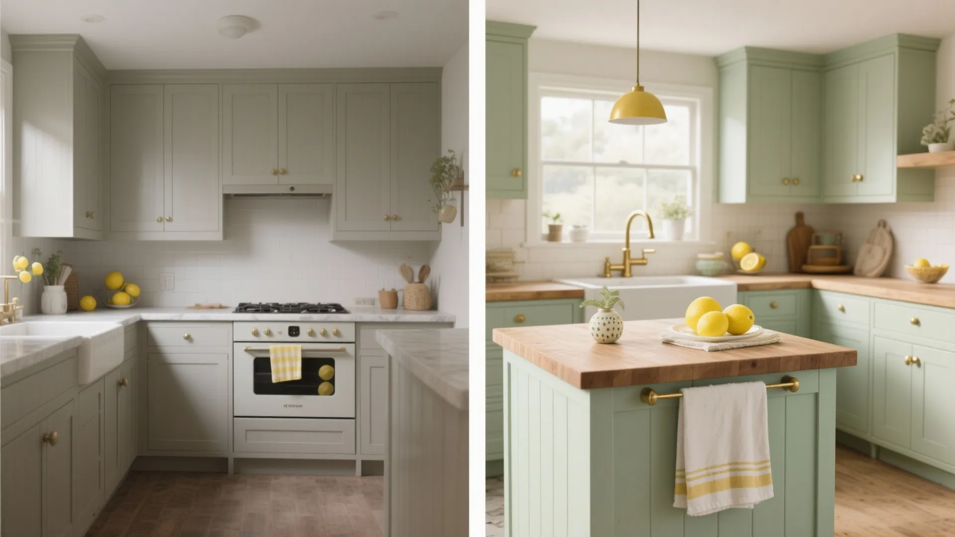 Before-and-after comparison of a small kitchen without lemon accents and with subtle lemon accents and brass hardware.